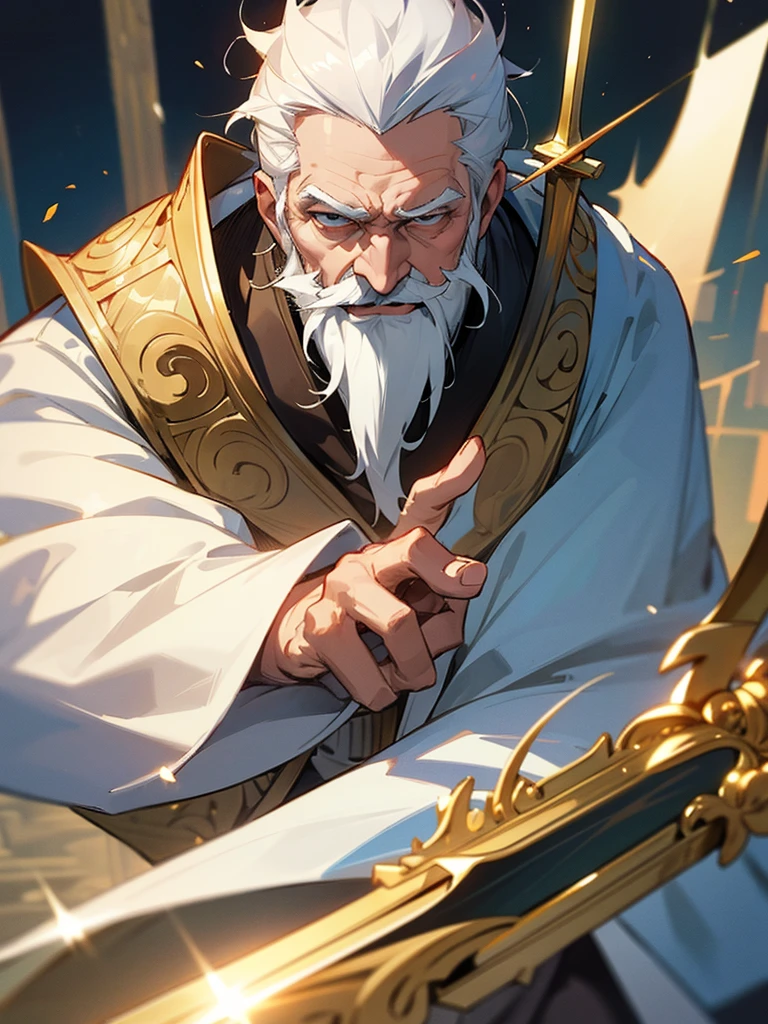 1man, old man, white hair, white beard, king, regal, golden sword, castle guard