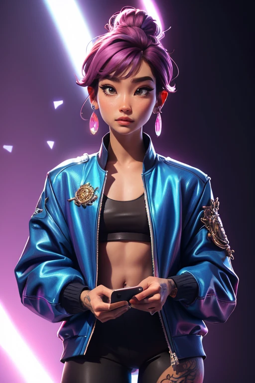 1 chica, personaje estilizado 3d, Asian, Asian tattoos on the body, pelo corto rosa, drilling, chaqueta corta voluminosa, colgante en el cuello, estilo ciberpack, elementos brillantes en el disfraz, 3/4 posiciones, vista inferior, piernas largas, flaco, malla de pantimedias, muchos aretes en las orejas, holding a smartphone with a hologram in his hand, super details, Asian ornaments on clothes, a dragon on the jacket