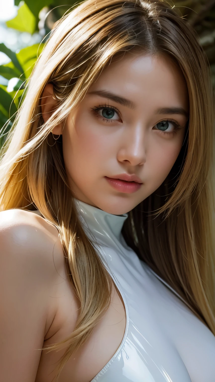 Strong light, Strong contrast, In an open-roofed cave、Sunlight shines through green moss and ferns。,  And open( Sea view:1.1) The bottom, Cel-shaded rendering, 4K,  360 degrees, Equirectangular projection, what, 1girl, Woman in her 30s､A beautiful woman､long blonde hair､White latex leotard､White long boots､white arm cover､masterpiece, 最high quality, high quality, High resolution, (((Face close-up)))