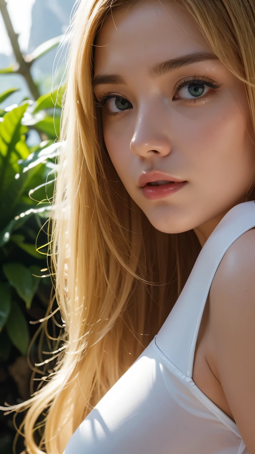 Strong light, Strong contrast, In an open-roofed cave、Sunlight shines through green moss and ferns。,  And open( Sea view:1.1) The bottom, Cel-shaded rendering, 4K,  360 degrees, Equirectangular projection, what, 1girl, Woman in her 30s､A beautiful woman､long blonde hair､White latex leotard､White long boots､white arm cover､masterpiece, 最high quality, high quality, High resolution, (((Face close-up)))