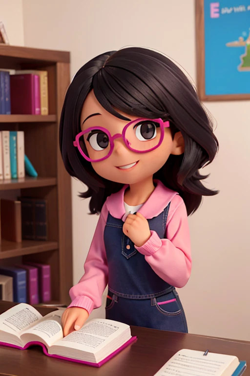 Una maestra cabello color negro en coleta alta con gafas en una oficina con un libro sobre la mesa, sonriente vestida ropa color rosado y con una computadora 