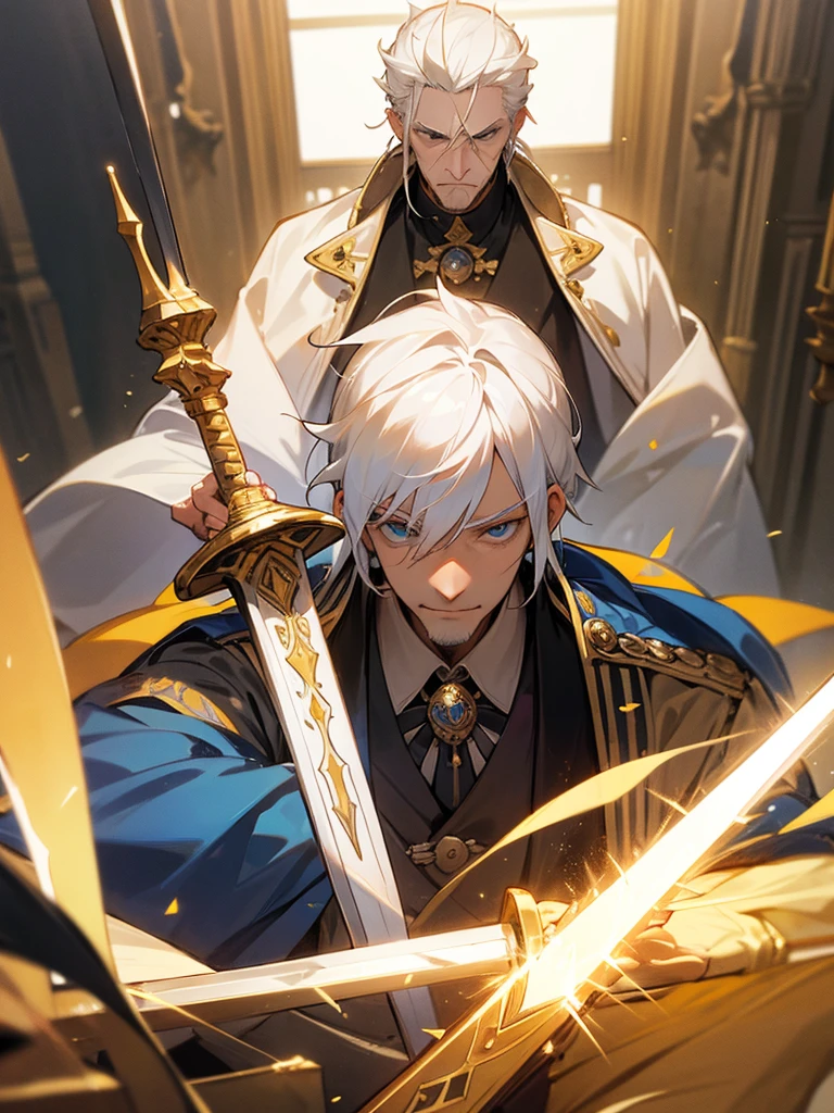 1man, old man, white hair, king, regal, golden sword, castle guard