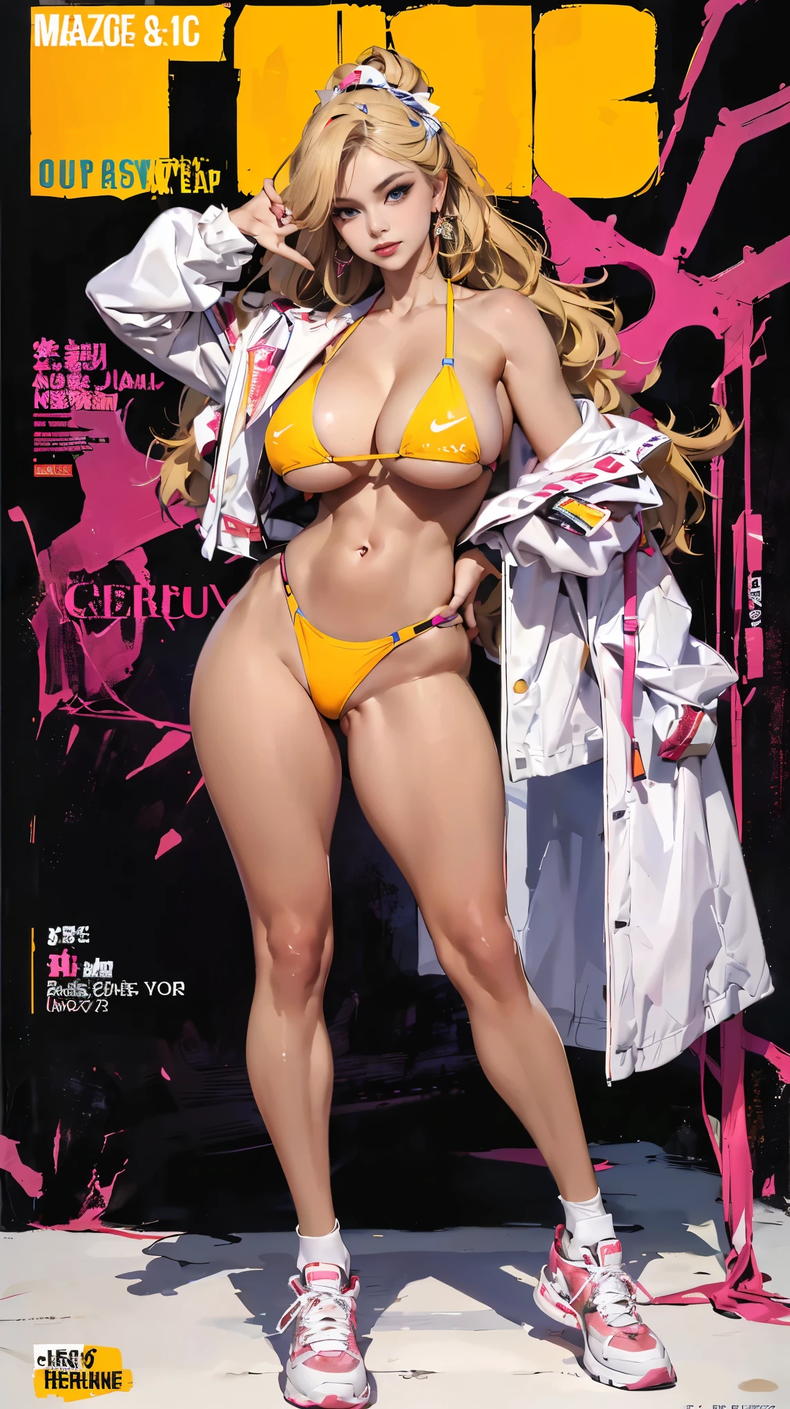 NSFW, (masterpiece:1,2, best quality), (magazine cover), (colorful Magazine cover abundant with text), vibrant, eye-catching paintings, Comic cover style, glamorous, enticing, stylish, chic, high-fashion, captivating, elegant, trendy, fashionable, radiant, attention-grabbing, dazzling, sophisticated, stunning, dramatic, bold, Featured is Sofia, a radiant figure from Los Angeles, USA, ((who embodies the essence of confidence and allure)), (((She boasts a statuesque figure, standing at 1.70 meters and weighing around 60 kilograms, epitomizing the hourglass beauty))), (Her hair is long, wavy and dyed a vibrant yellow blonde), (Her eyes are a deep brown), ((and a physique with a defined waist)), ((full hips, and perfectly round, squinching F-cup enhanced breasts)), accentuated by her sun-kissed tan skin, (((She is wearing a revealing, neon bikini top from Fashion Nova, designed to accentuate her bust and showcase her toned abs. Her matching neon sport thong from Fashion Nova highlights her shapely hips and rear))), She pairs her outfit with white Nike Air Max sneakers for comfort and style. She accessorizes with a pair of diamond stud earrings, adding a touch of glamour to her gym look, (exceptionally detailed:1.3), super finely detailed hands, ultra finely detailed fingers(((ten fingers))), (obscene posing), (((full body showcase))), (((show full body))), (no logos in the background).