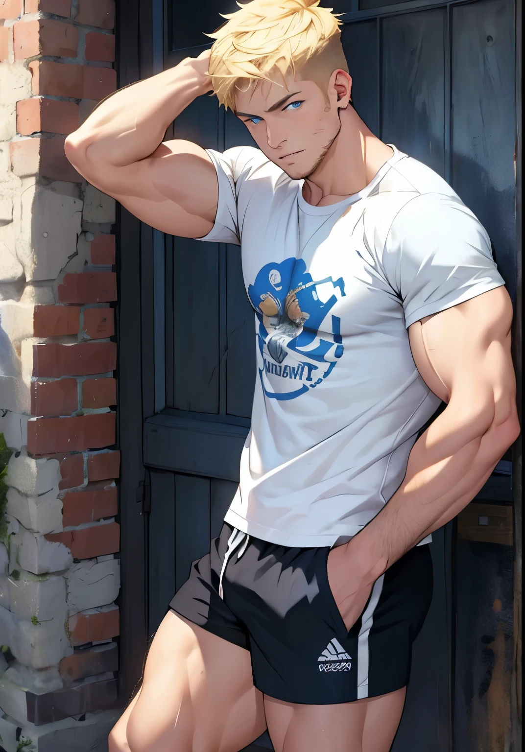 (masterpiece, best quality ), 1man, muscular, short hair, blue eyes, blonde, shorts, t-shirt