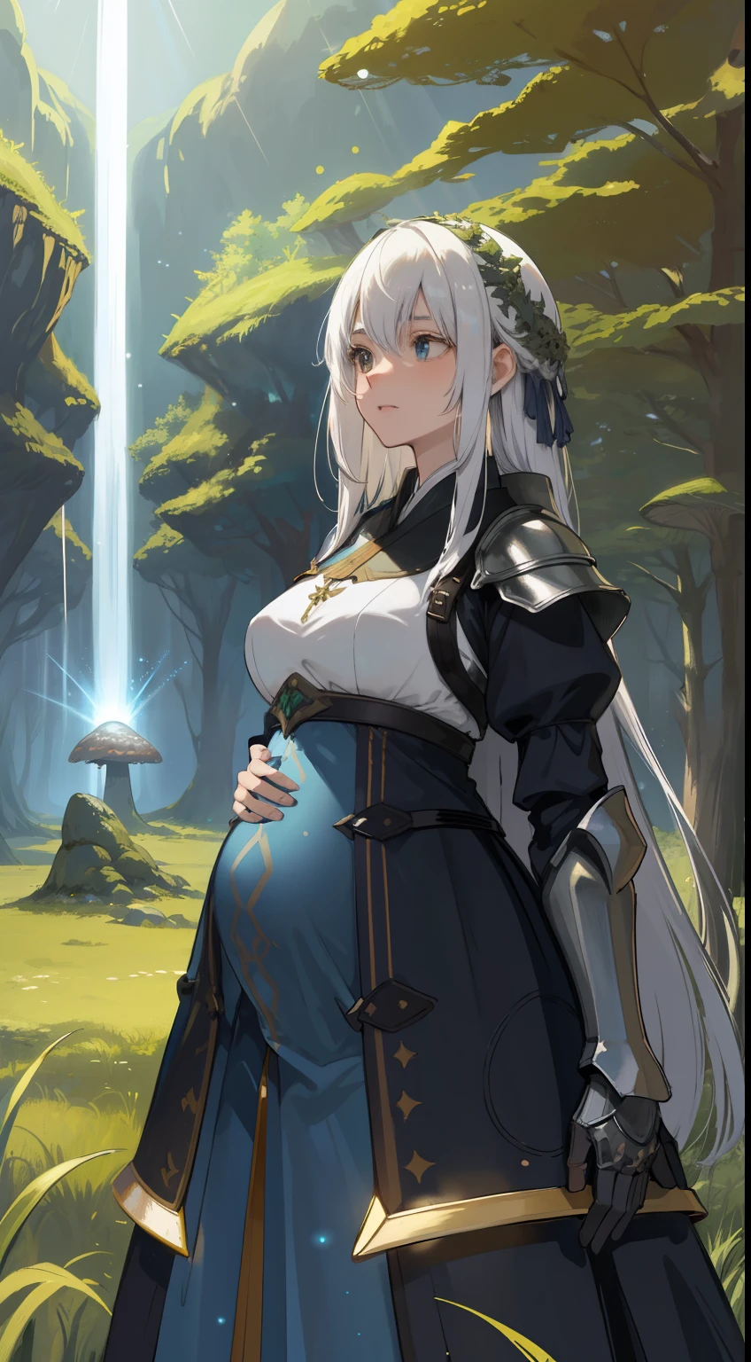 1girl, full body, armor, medieval armor,, meteor shower, grass, leaves, light streak, light particles, solar eclipse, white hair, mushroom forest, glowing forest, forest scenery, atmospheric scenery, hanfu, upper body, pregnant