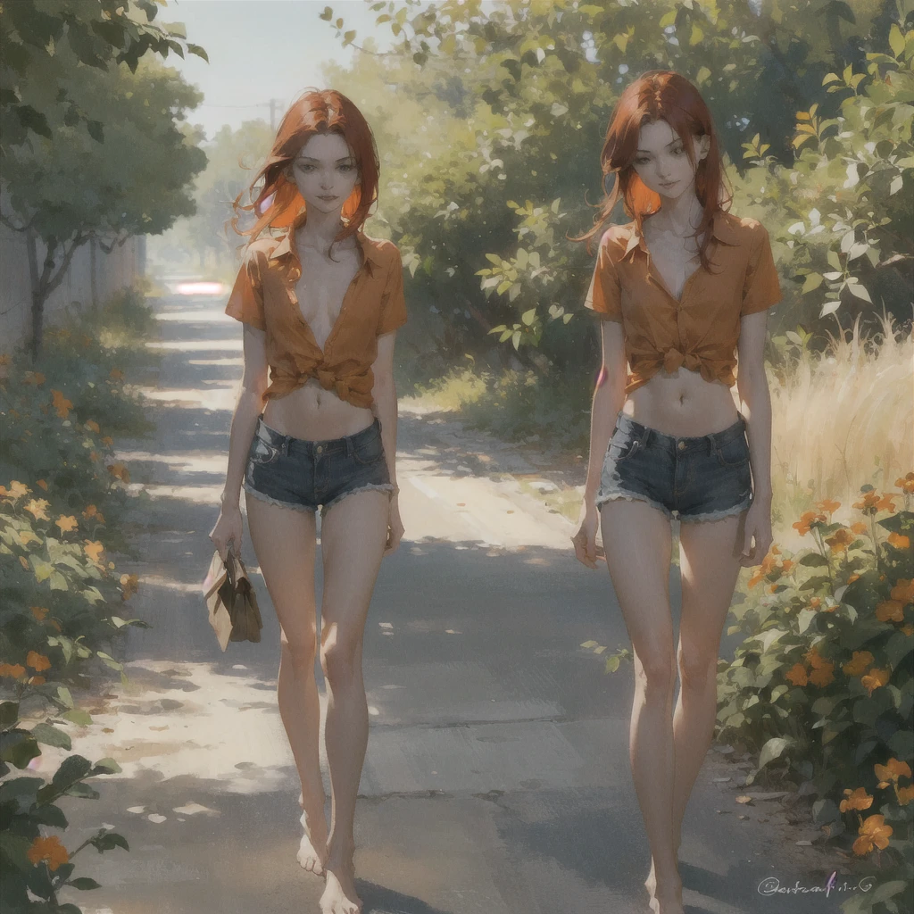 Beautiful slender thin exquisite (nude) (nude) (Girl ) (with a perfect southern type face) with short red hair with delicate beautiful large breasts with tender nipples barefoot with bare hips ((with red pubic hairs)) ((in an unbuttoned open light orange shirt over his naked body and short light orange shorts)) stands leaning over ((on a brick road)) in the middle of a flowering field (with a glass of white wine), in a gentle watercolor style, Discreet shades, sfumato, haze, diffused dim light, delicate mint shades, imitation of film photography, (olive and grape groves, Brick Road), (High image quality, Maximum detail)