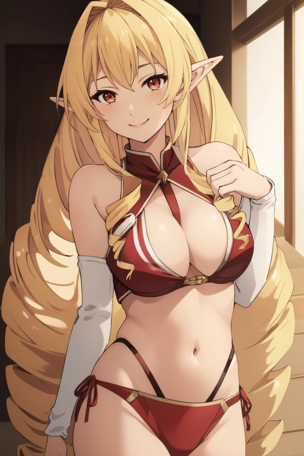 smile, One girl,Blonde,Very long hair,Pointed Ears,Twin Drill,Red eyes、Very ample breasts、Swimwear