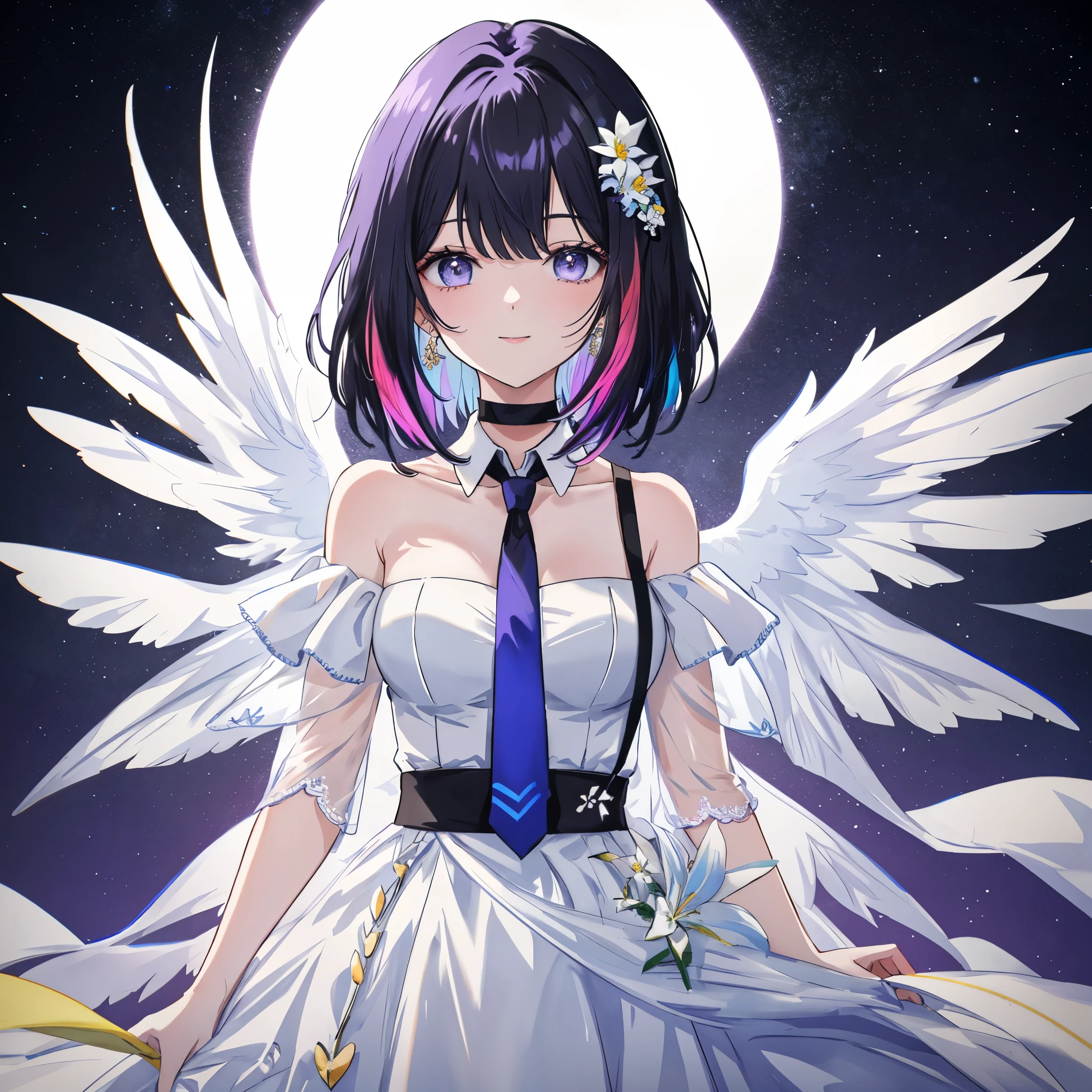 **AI Illustration Prompt for Seart**
- **Theme**: My Beloved (*This is a translation of "My Wife". The character is a woman in her 20s, with an elegant and graceful personality*)
- **Number of Characters**: Solo
- **Worldview**: Fusion of Anime and Manga
- **Body Type**: Slim and Elegant
- **Animal Ears and Tail**: None
- **Outfit**: White Long Off-Shoulder Dress, Black Choker, Necktie
- **Outfit Color**: White and Black
- **Hairstyle**: Short Straight Hair, Bangs, Multicolored Hair
- **Hair Color**: Gradient Hair of Blue and Purple
- **Presence and Details of Wings**: None
- **Props**: Holding a White Lily Flower in Hand
- **Emotion**: Happy Smile
- **Movement**: Standing Still, Looking at the Viewer
- **Perspective**: View from the Front
- **Composition**: Upper Body Shot
- **Background**: Simple and Colorful Background
- **Background Color**: Gradient of Light Blue and Yellow
- **Lighting**: Softly Illuminated by Natural Light
- **Style**: High-Resolution Official Artwork Style, Real Anime 2.5D Style
- **Quality Improvement**: Aim for the Highest Quality, Real, Hyperreal, Ultra-Detailed Illustration. Resolution is 8K, Color Bit Depth is 24 bits