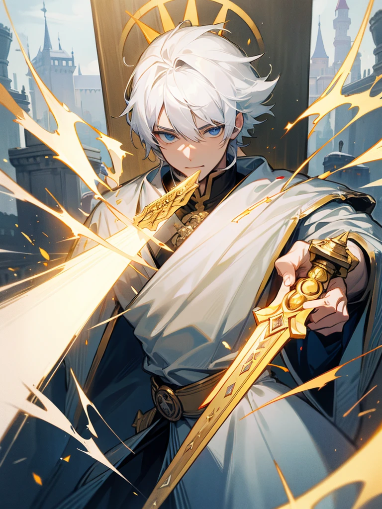 1man, old, white hair, king, regal, golden sword, castle guard