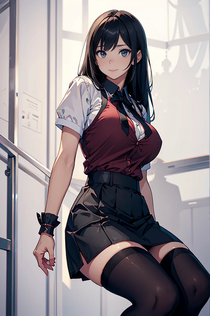 girl, (super big tits:1.1), shy, detailed hand, looking at viewer, light smile, broad shoulders, (A haunting expression:1.1), short skirt, black stockings
