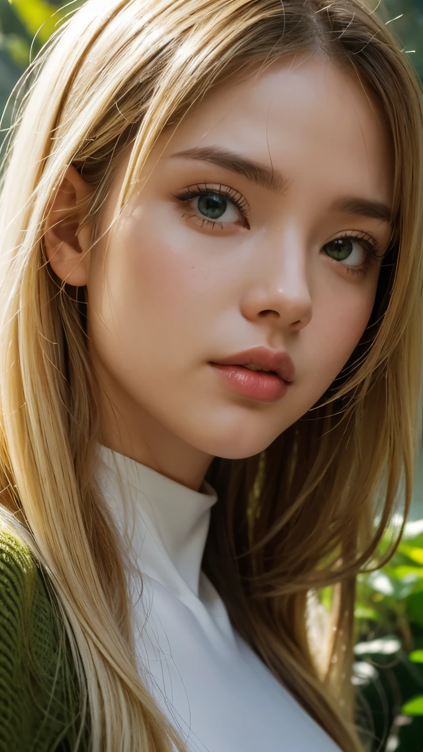 Strong light, Strong contrast, In an open-roofed cave、Sunlight shines through green moss and ferns。, And open( Sea view:1.1) The bottom, Cel-shaded rendering, 4K, 360 degrees, Equirectangular projection, what, 1girl, Woman in her 30s、A beautiful woman、long blonde hair、White latex leotard、White long boots、white arm cover、masterpiece, 最high quality, high quality, High resolution, (((Face close-up)))