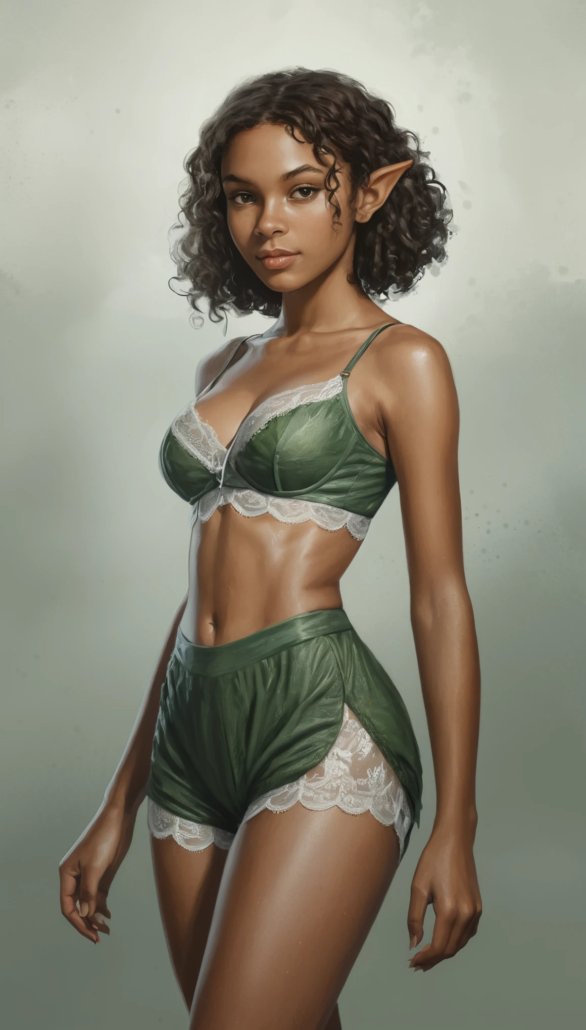 An illustrated movie poster, hand-drawn, full color, a teenage elven girl, wearing a lace bralette and bloomer shorts, light brown skin, African-American, Amazonian body, very tall, athletic, hourglass figure, curvy, bottom-heavy, generous hips, massive bubble-butt, long legs, ridiculously thick powerful thighs, hazel green eyes, long pointy elf ears, ash brown hair, short curly bob, posing with butt facing toward camera, early morning fog, wet glistening skin, hard shadows, graphite shading, stencil marks, airbrushed acrylic paint, masterpiece, in the style of Lord of the Rings 