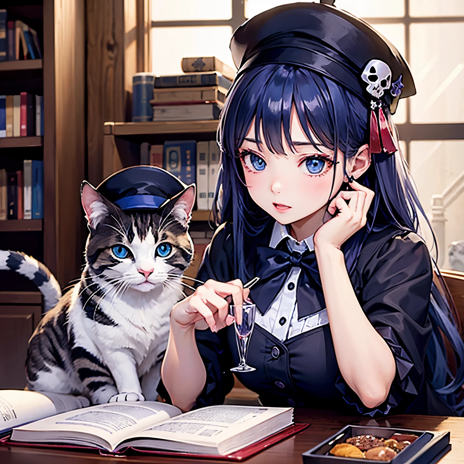 scholar hat、Holding a purple glass、poison、skull、scholar、math、Cat with navy blue ribbon、Navy blue hair、Navy blue eyes