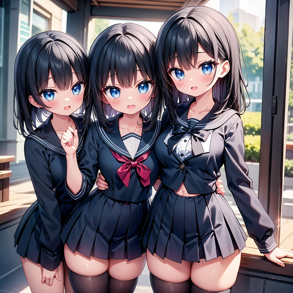 (cute eyes:1.2), (sparkling eyes:1.2), highest quality,wonderful,finely,extremely detailed CG Unity 8K wallpaper, (Stand in line:1.2), (3 girls, Black Hair, cute eyes, sailor uniform, clothed), (cleavage cutout:1.1), (midium breasts), (open mouth:1.1), (long tongue:1.1), (mouth drool:1.1), (black stockings:1.1),(Thighs:1.2),(Waistline:1.2)