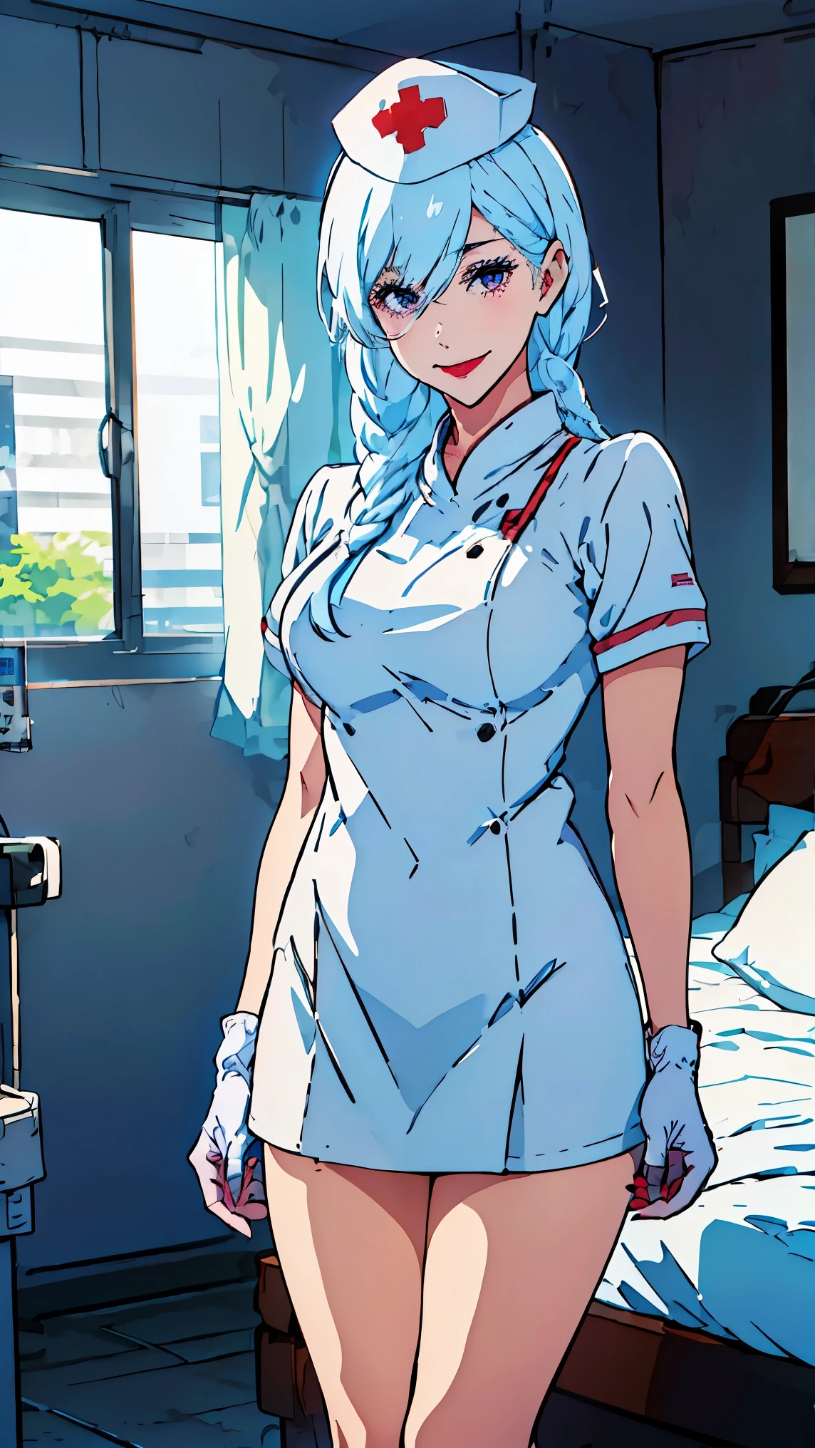 Girl1,mei mei,Nurse, white hair,wearing white, ((nurse cap,white legs, Zetai Ryuki)), white gloves, standing, ((hospital room)), short sleeves,seductive smile,Eyes droop,Sharp outline,super detail,high quality,high details,best quality,1080P