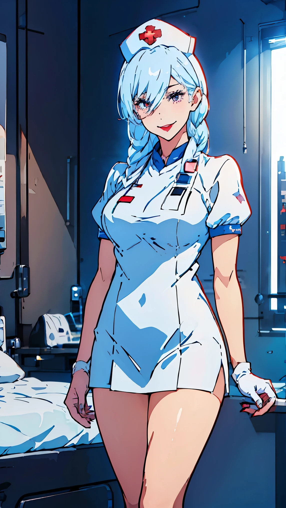 Girl1,mei mei,Nurse, white hair,wearing white, ((nurse cap,white legs, Zetai Ryuki)), white gloves, standing, ((hospital room)), short sleeves,seductive smile,Eyes droop,Sharp outline,super detail,high quality,high details,best quality,1080P