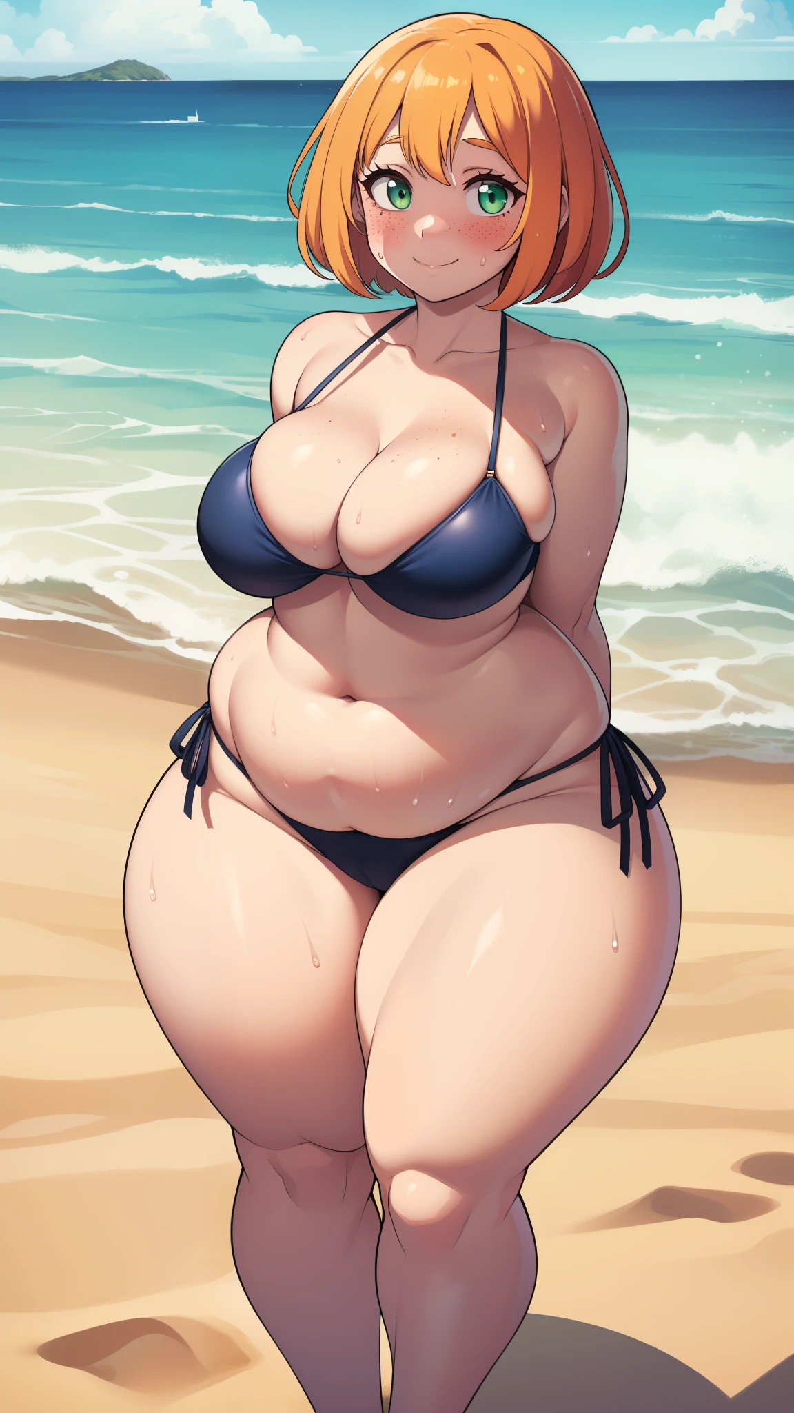 ((highres)), Masterpiece, high quality, best quality, beautiful, perfect lighting, detailed face, ultra cute face, ((1girl)), ((solo), short fluffy orange hair, green eyes, freckles, ((blush)), sweet smile, looking at viewer, arms behind back, standing on a beach, (beach), wet, daytime, side tie bikini, (((thick thighs))), ((wide hips)), cleavage, medium breast, chubby, 20 year old female, 