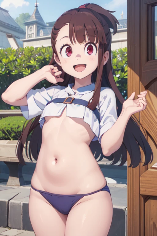 (((pixel-perfect, detail-perfect))), solo, 1girl, atsuko kagari, luna nova , looking at viewer, smile, :d、Belly button、Thighs