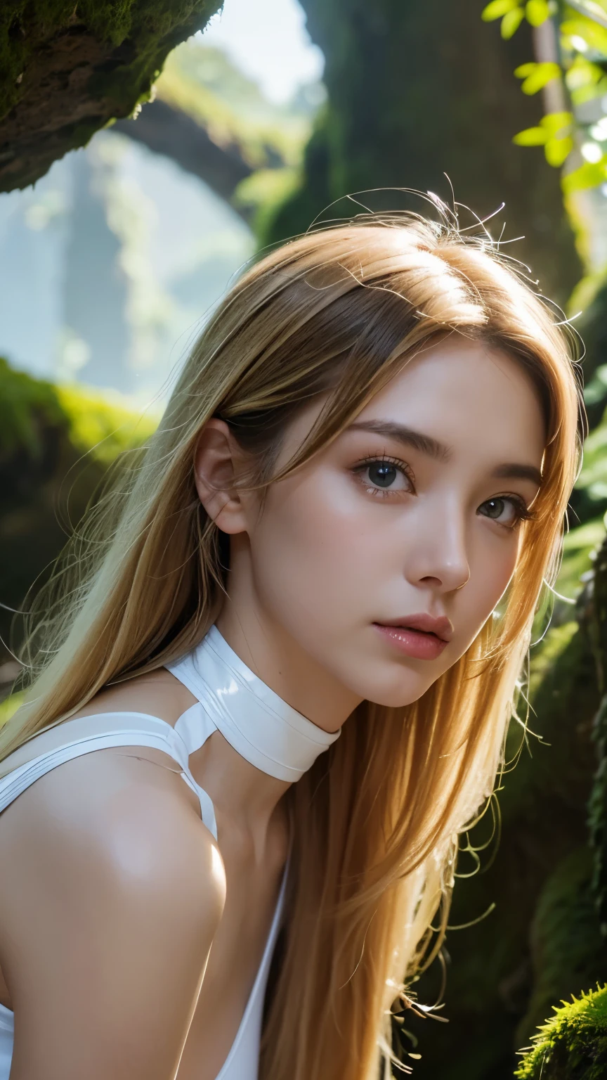 Strong light, Strong contrast, In an open-roofed cave、Sunlight shines through green moss and ferns。,  And open( Sea view:1.1) The bottom, Cel-shaded rendering, 4K,  360 degrees, Equirectangular projection, what, 1girl, Woman in her 30s､A beautiful woman､long blonde hair､White latex leotard､White long boots､white arm cover､masterpiece, 最high quality, high quality, High resolution, (((Face close-up)))