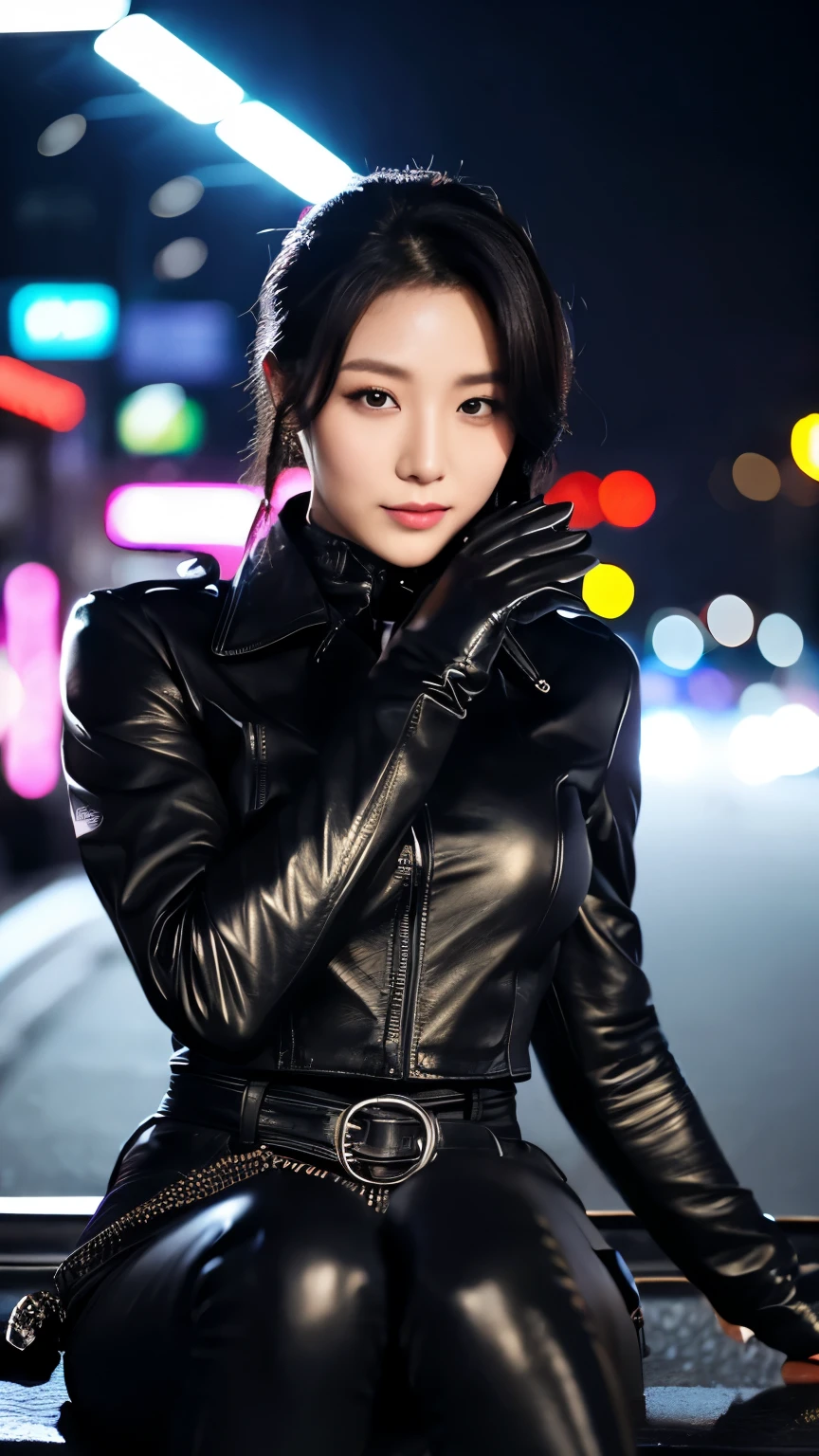 black leather rider jacket, Office in the Dark, Black leather gloved fingertips on both hands,Wearing black leather gloves,Sitting in a black leather chair、 Japanese female new recruits (Black leather gloves cover both hands) (The angle is horizontal)、Black Leather Pants,Black Leather Black Leather Pants,Black Leather Skinny Pants、Long black leather boots on both feet、Black hair ponytail ((He wears black leather gloves on his hands))Full Body Photo,full body shot full body full body leather suit,☺If you turn in this direction。Wearing black leather gloves,Wearing black leather gloves,Wearing black leather gloves,Wearing black leather gloves,Wearing black leather gloves,Wearing black leather gloves,黒のレザーパンツが美しい😍黒のレザーパンツが美しい😍黒のレザーパンツが美しい,😍Smiling while looking at me,City lights、((Neon Cyberpunk City Street:1.3))、(Neon Light)、Detailed lighting、
Best image quality、Ultra-high resolution、(realism:1.4)、Korean Beauty Star、The most beautiful KPOP stars、face、Horny Korean Makeup、A body that makes you want to touch it、Realistic leather texture、Costume made of smooth leather fabric、The drape of the curved parts of the leather fabric、The costume is very shiny、Quality of the costume、8K Photo Quality、