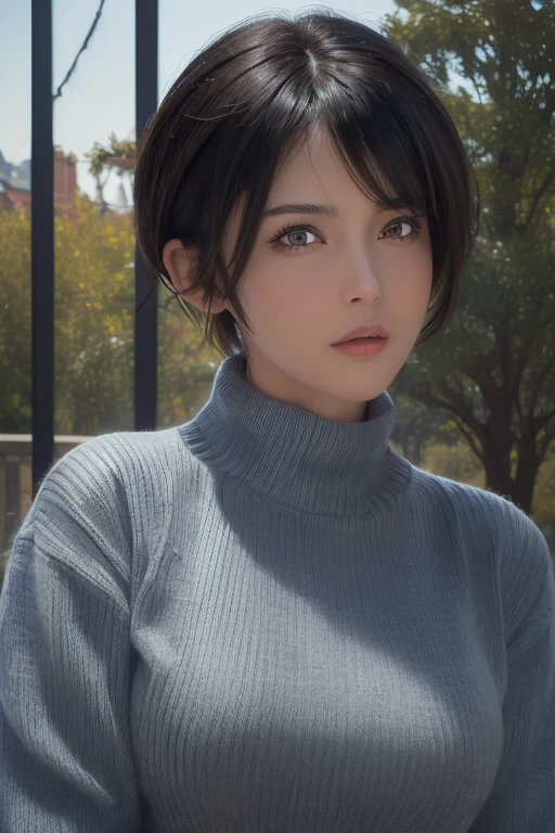 (masterpiece:1.3), (8k, Realistic, RAW Photos, highest quality: 1.4), (One girl), Beautiful Face, (Realistic Face), (Black Hair, short hair:1.3), Beautiful hairstyle, Realistic eyes, Beautiful fine details, (Realistic Skin), Beautiful Skin, (sweater), Absurd, Charm, Ultra-high resolution, Ultra-realistic, Very detailed, Golden Ratio