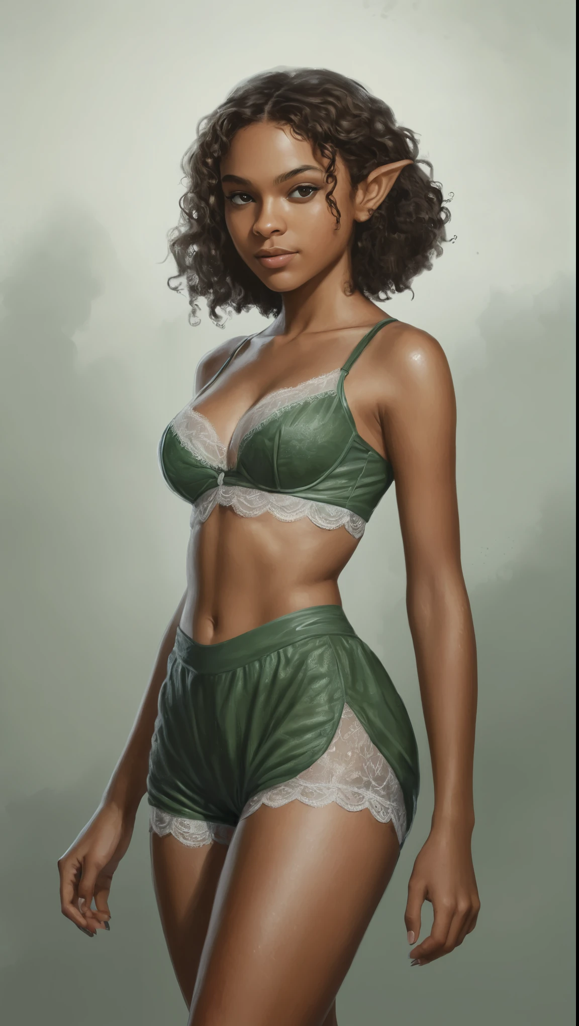 An illustrated movie poster, hand-drawn, full color, a age elven girl, wearing a lace bralette and bloomer shorts, light brown skin, African-American, Amazonian body, very tall, athletic, hourglass figure, curvy, bottom-heavy, generous hips, massive bubble-butt, long legs, ridiculously thick powerful thighs, hazel green eyes, long pointy elf ears, ash brown hair, short curly bob, posing with butt facing toward camera, early morning fog, wet glistening skin, hard shadows, graphite shading, stencil marks, airbrushed acrylic paint, masterpiece, in the style of Lord of the Rings