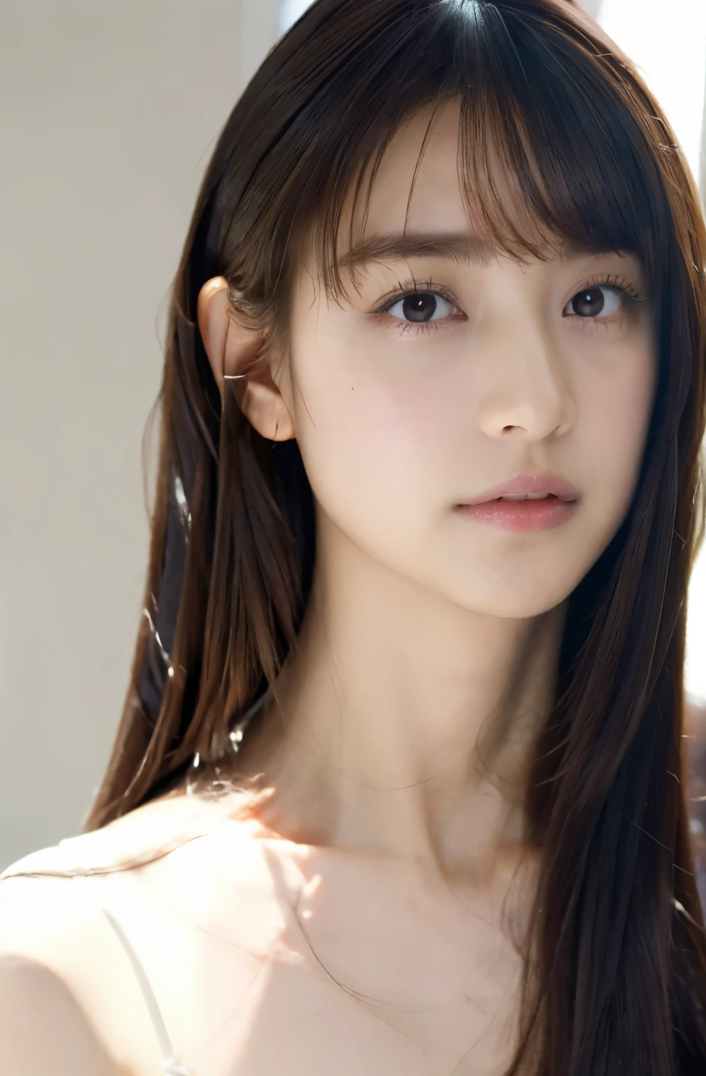 ((​masterpiece:1.4、top-quality))、(photographrealistic:1.4)、profetional lighting、physically-based renderingt, dark brown hair、layers-Cut、extra detailed face、Detailed skin、(Women in Japan:1.05)、21 yo、thin bunches of bangs、knit、White Room、white walls、Bright lighting