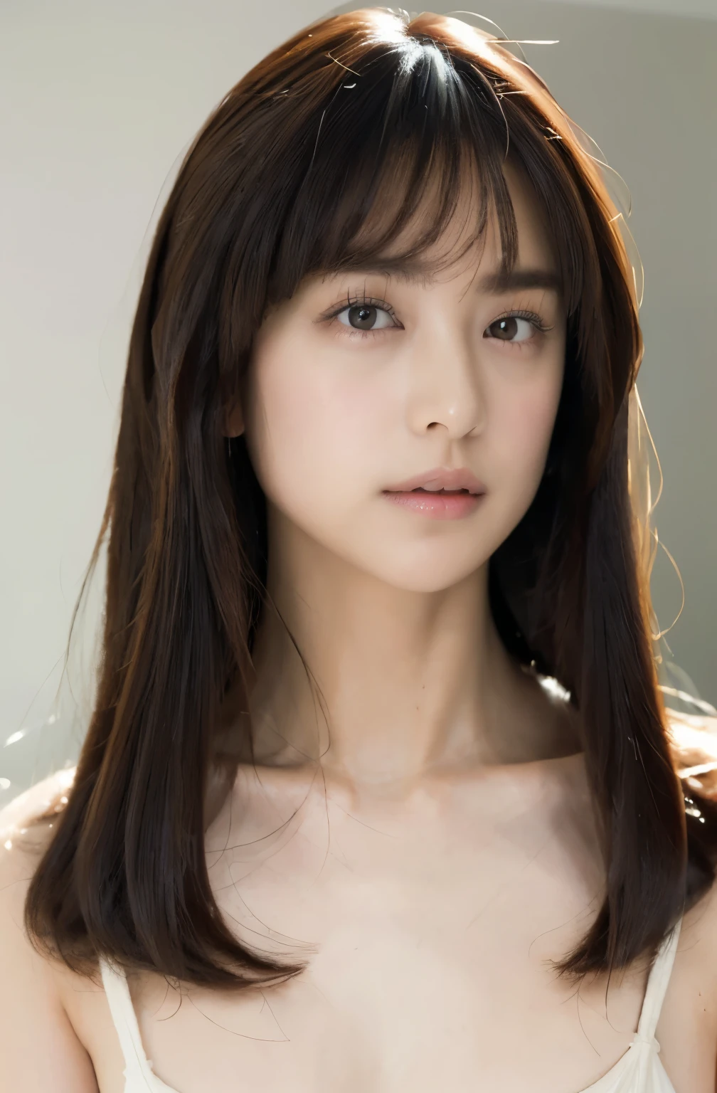 ((​masterpiece:1.4、top-quality))、(photographrealistic:1.4)、profetional lighting、physically-based renderingt, dark brown hair、layers-Cut、extra detailed face、Detailed skin、(Women in Japan:1.05)、21 yo、thin bunches of bangs、knit、White Room、white walls、Bright lighting,  topless, nsfw, nipples