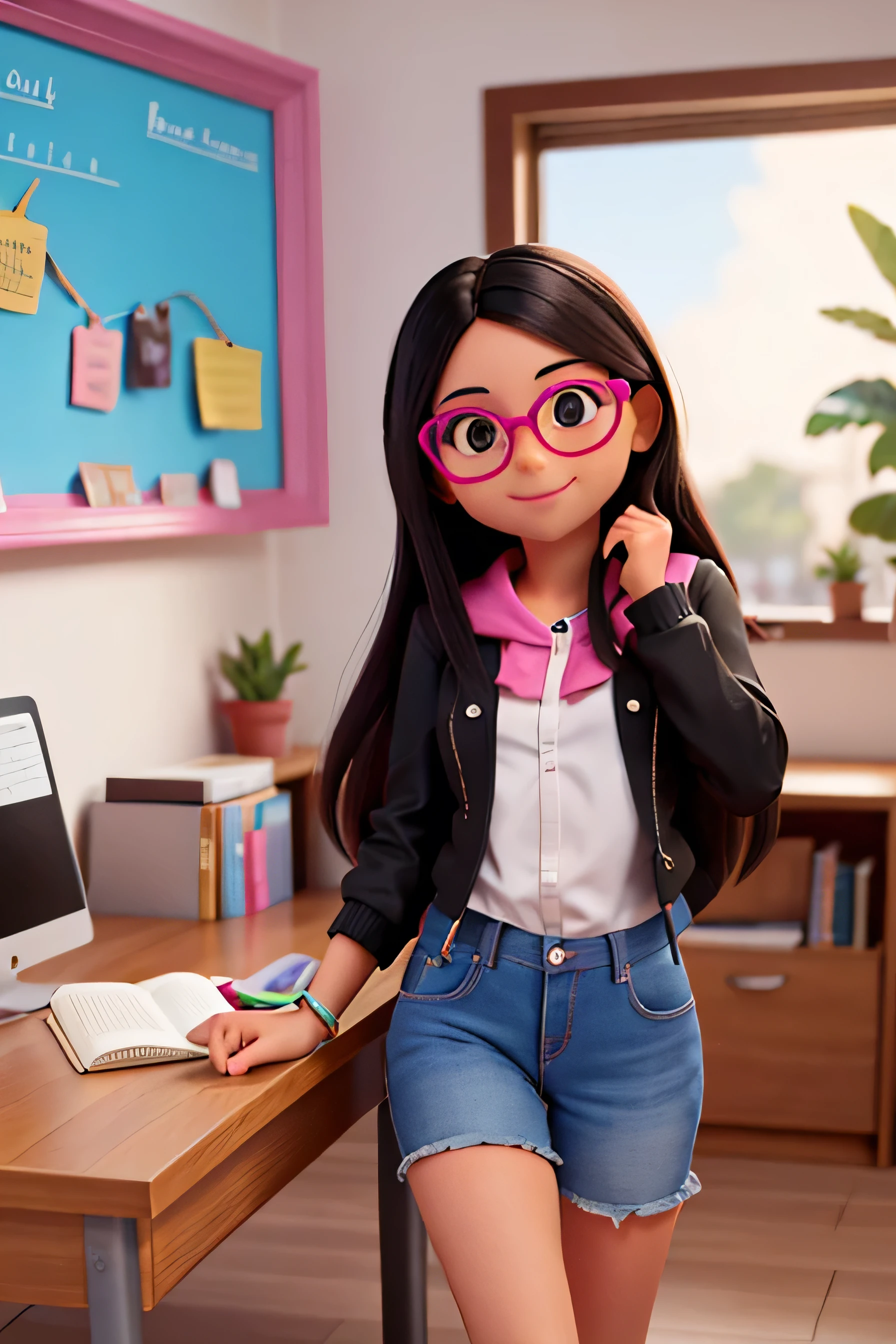 Una maestra cabello color negro en coleta alta con gafas en una oficina con un libro sobre la mesa, sonriente vestida ropa color rosado y con una computadora
