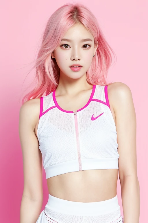 ((best quality)), ((masterpiece)), (detailed), perfect face
Lisa Blackpink
Pastel Pink Hair
White Tennis outfit
Background Tennis court