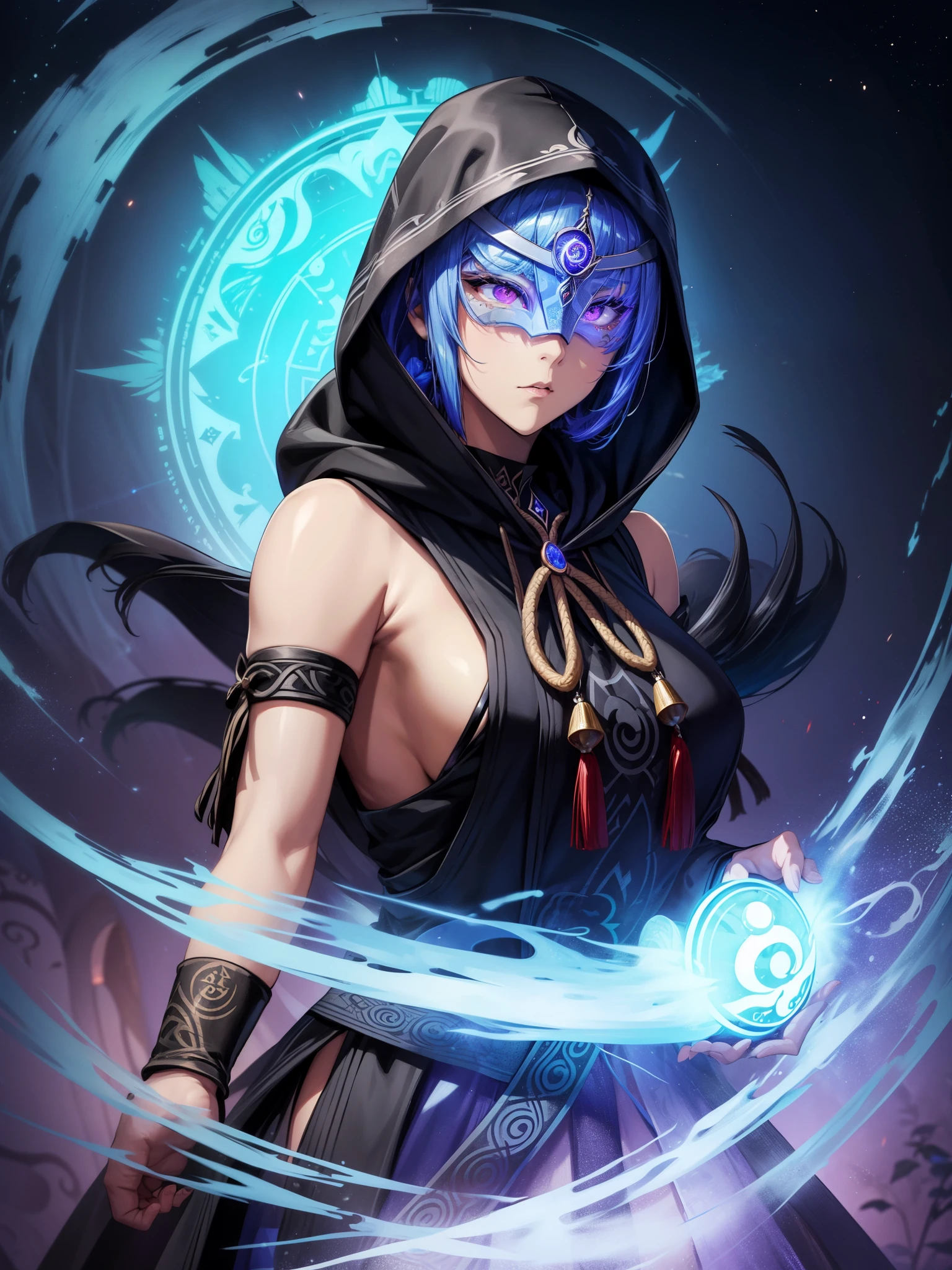 A ghostly female silhouette. Messenger of Nature God. Exiled shaman. integral mask.dark canvas toge. Canvas hood. Runic circle. Elements. Power from inside. Glowing eyes. Bokeh blur. photorealistic,