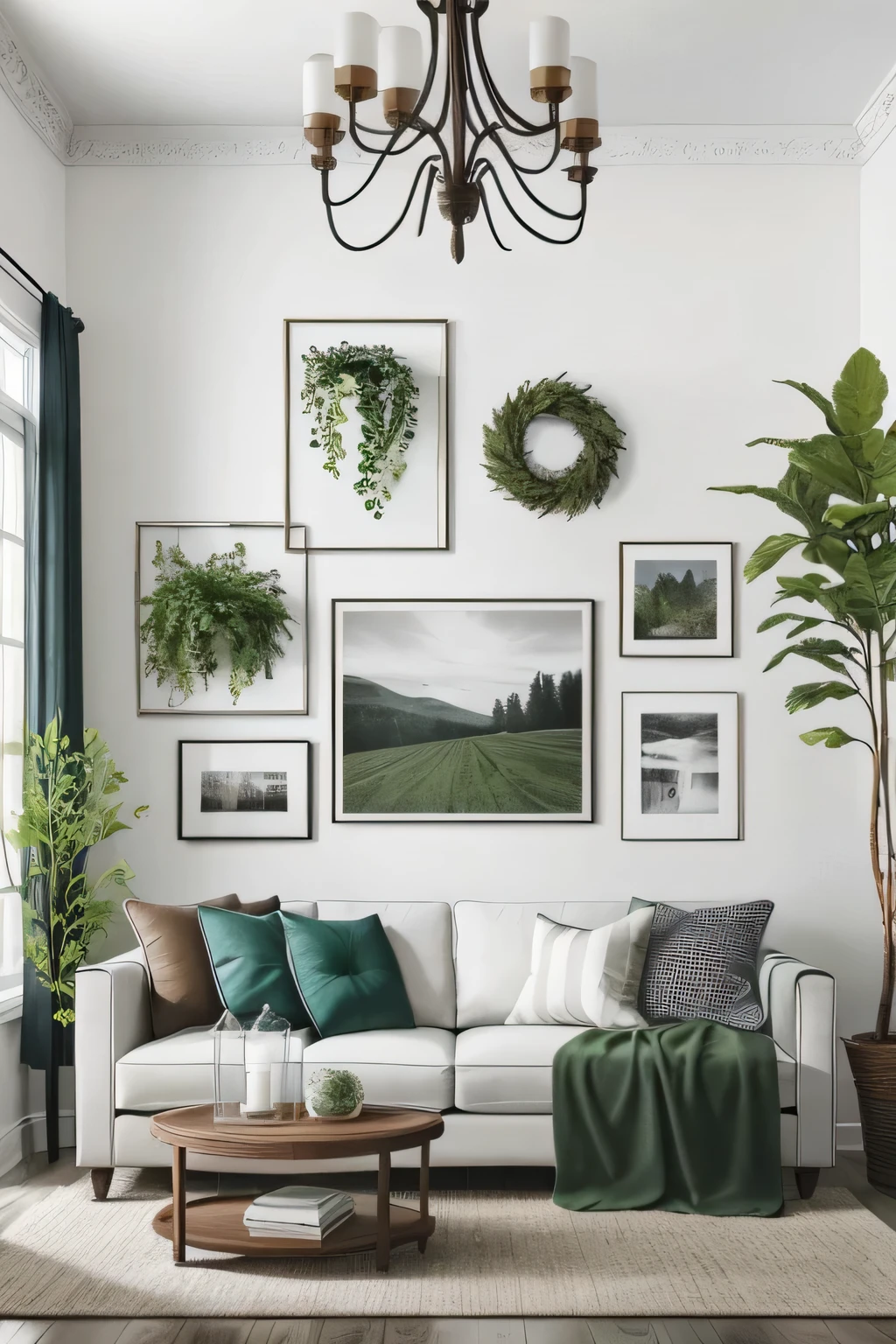 farmhouse interior living room, gallery wall frame mockup in a white room with modern furniture and lots of greenery