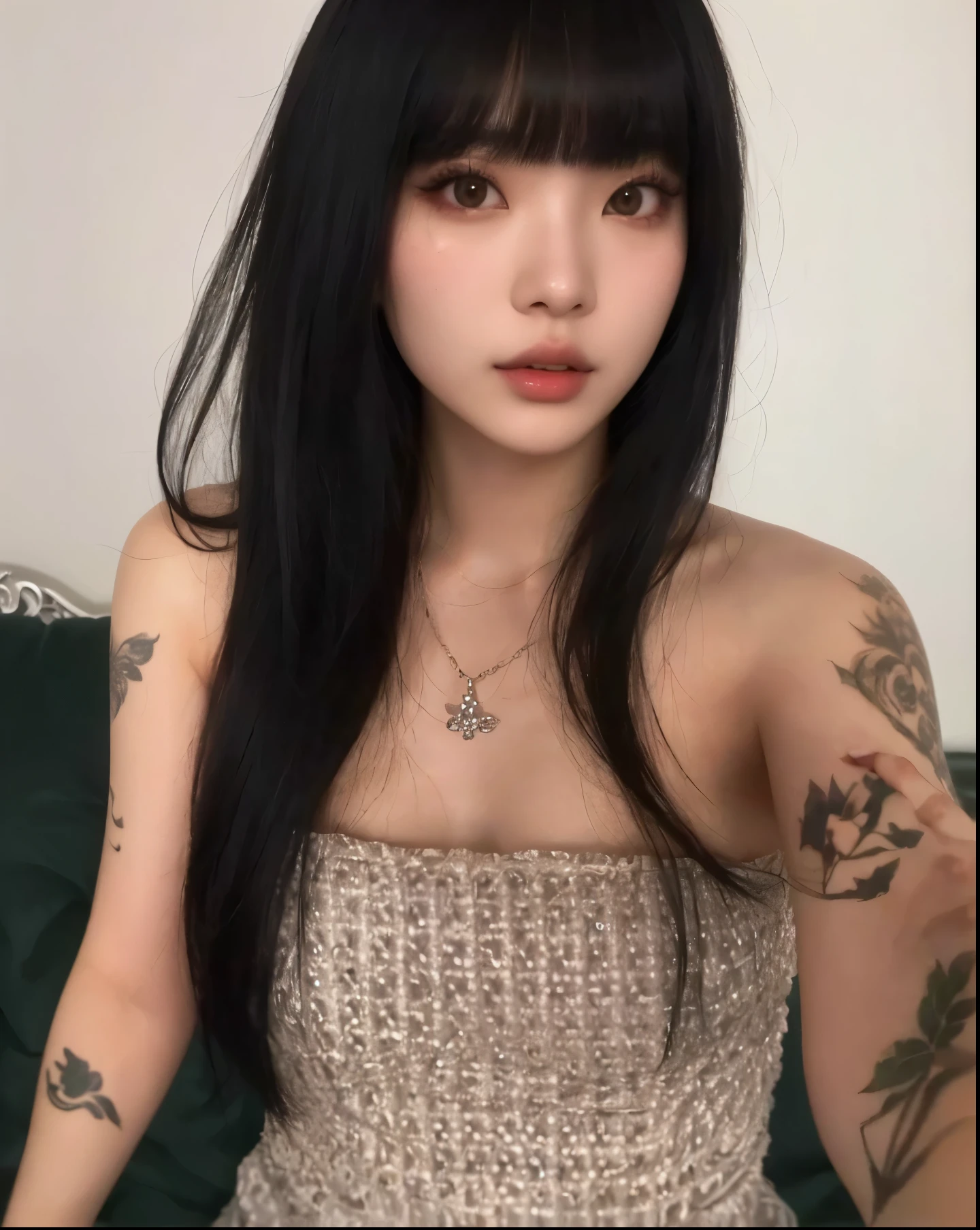 um close de uma mulher com longos cabelos pretos e tatuagens, ela tem cabelo preto com franja, cruel korean goth girl, coreana, Ulzzang, de garota taiwanesa com tatuagens, linda mulher sul-coreana, linda jovem coreana, Asian, 🤤 retrato de , beautiful Asian, young pale and beautiful asian face, corte de cabelo preto hime, foto de garota magra