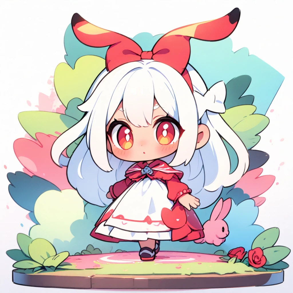 #quality(8k,wallpaper of extremely detailed CG unit, masterpiece,hight resolution,top-quality,top-quality real texture skin,hyper realisitic,increase the resolution,RAW photos,best qualtiy,highly detailed,the wallpaper),(((solo))),#1girl(human,chibi:2.0,3D Art,cute,kawaii,,white hair:2.0,long hair:1.6,rabbit ear:2.0,rabbit ear is white,white long dress with frill,red eyes,big eyes,skin color white,big hairbow,walking),#background(outside,in the rose garden,gothic decoration,,colorful roses),(when drawing hand draw them very correctly),
