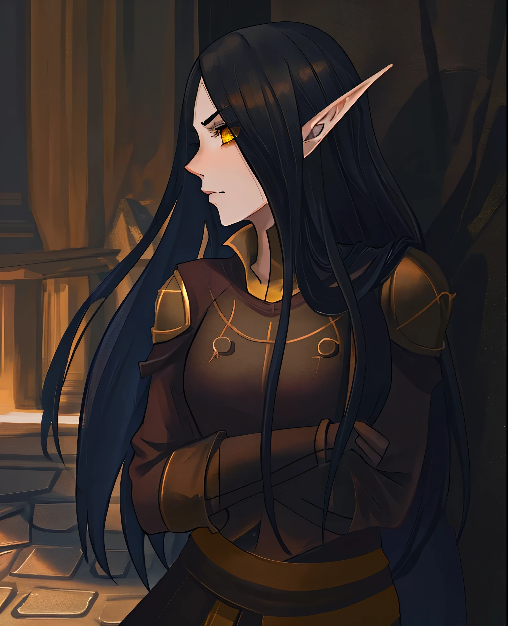 1girl, female elf, black hair, yellow eyes, jaethal, pathfinder, kingmaker, serious, leaning against wall, extremely detailed