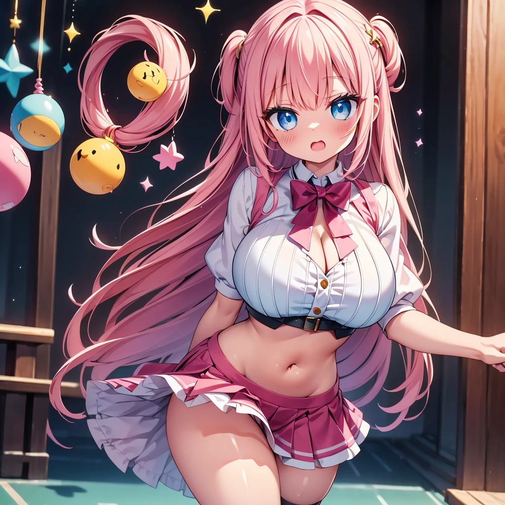 (cute eyes:1.2), (sparkling eyes:1.2), highest quality,wonderful,finely,extremely detailed CG Unity 8K wallpaper, (girl, cute eyes, Pink Hair, clothed), (magical pink girl outfit,frill mini skirt:1.1), (cleavage cutout), (huge breasts:1.2), (open mouth:1.1), (long tongue:1.1), (mouth drool:1.1), (black stockings:1.1),(Thighs:1.2),(Waistline:1.2),(midriff peek:1.2)