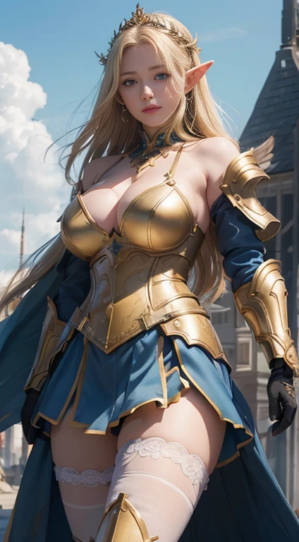 (8K, Raw photography, top-quality, ​masterpiece:1.2), One elf Woman、girl at the age of 18,fullllbody.{scinematic angle、Wide Angle、Don't split the screen、}（Realistic Skins 1.4）、（valkyrie、Valkyria）、（（（Western knights、Plate armor covering the whole body、Metal armor、nffsw）））、(royal blue above knee skirt with golden trim) 、（（（Sky with light、Asgard））、50mm Lens、30mm film、wide angles、（long、）、（A waist long straight blonde-haired）、blue eyes、shinny skin、beautiful detailed hair、cheerful smile, Beautiful delicate face、Beautiful delicate eyes、｛huge chest、perfect tits, muscular body、｝、(standing:1), bare shoulder, tight-high white stocking with golden-trim, (white:1) above elbow armhose and glove, (chubby:1.2), (huge breasts:1.2),