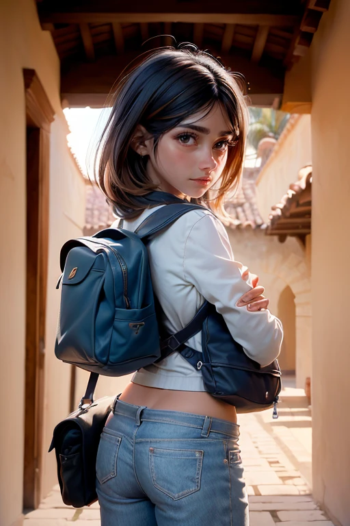 ((Obra maestra, mejor calidad)), solo ,1 chica, clementina, piel oscura, pantalones calientes, top corto, Cabello hasta los hombros, mochila, patio de la escuela