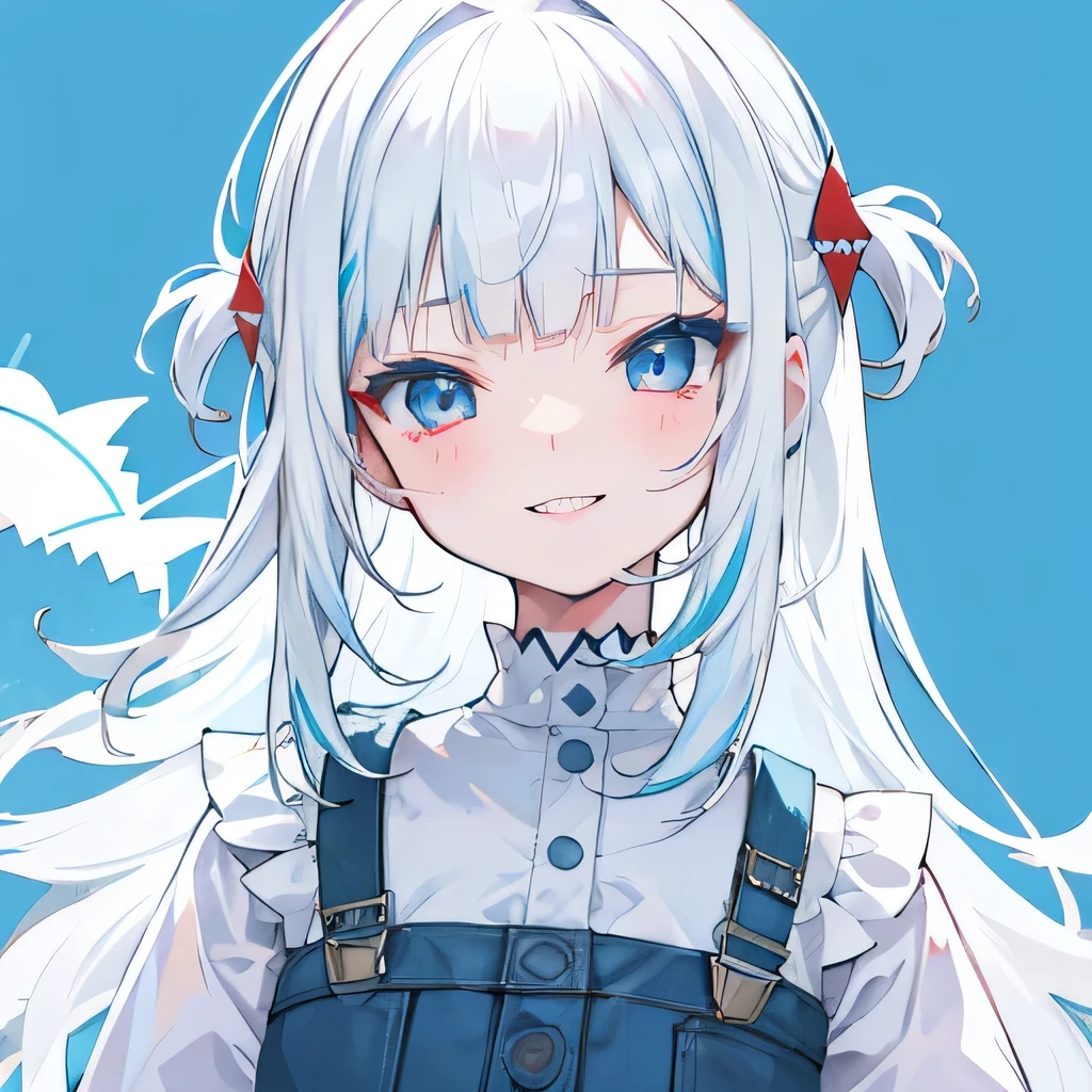 Girl, light blue and white hair, pale, lips, white background, straight hair, bangs, light white eyes, confident, sharp teeth, shark teeth, smiling, cute