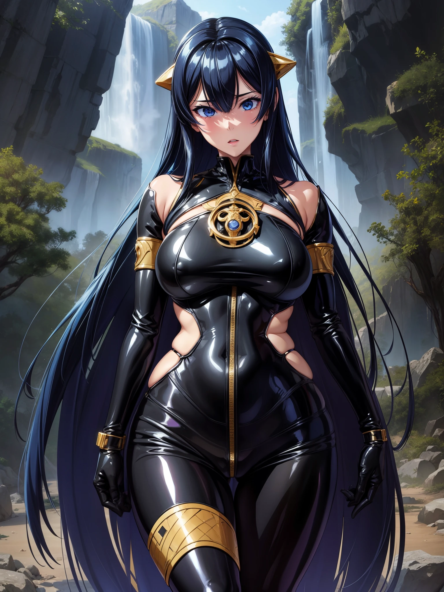 (Masterpiece), 1girl, high quality, expressive eyes, perfect face, front-facing head-to-thigh view, night, nature background. Anime girl, body mummified in black latex, perfect hair