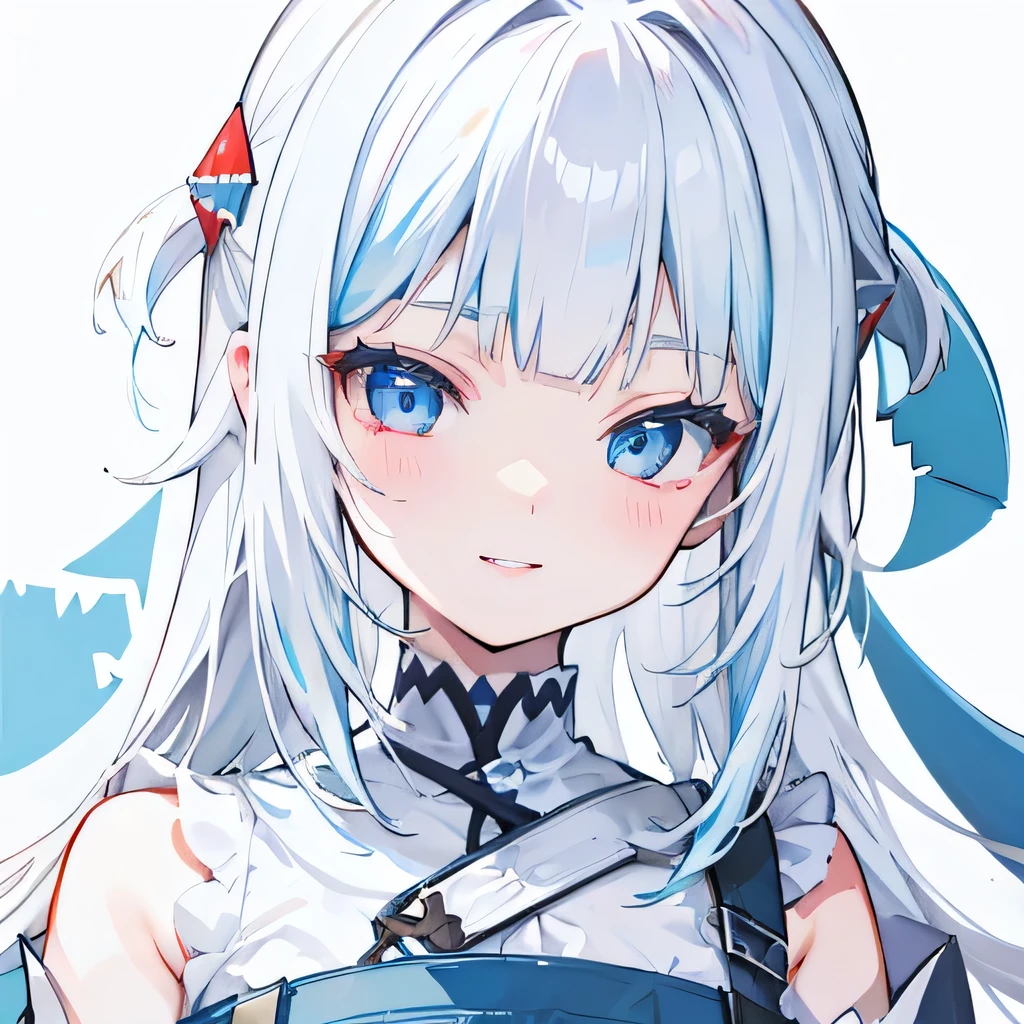 Girl, light blue and white hair, pale, lips, white background, straight hair, bangs, light white eyes, confident, sharp teeth, shark teeth, smiling, cute