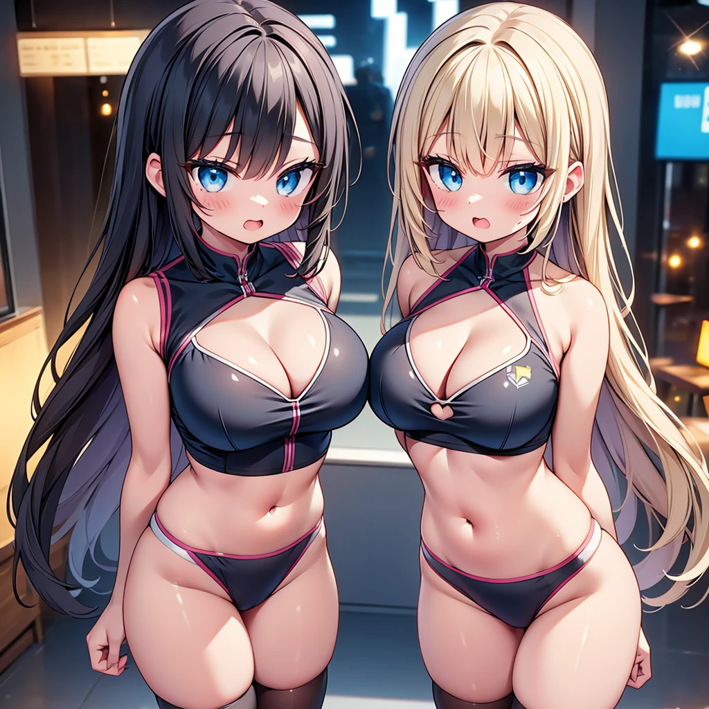 (cute eyes:1.2), (sparkling eyes:1.2), highest quality,wonderful,finely,extremely detailed CG Unity 8K wallpaper, (Stand in line:1.2), (3 girls, clothed), (competition swimsuit :1.1), (cleavage cutout:1.3), (crop top navel:1.3), (midium breasts), (open mouth:1.1), (long tongue:1.1), (mouth drool:1.1), (black stockings:1.1),(Thighs:1.1),(Waistline:1.1)