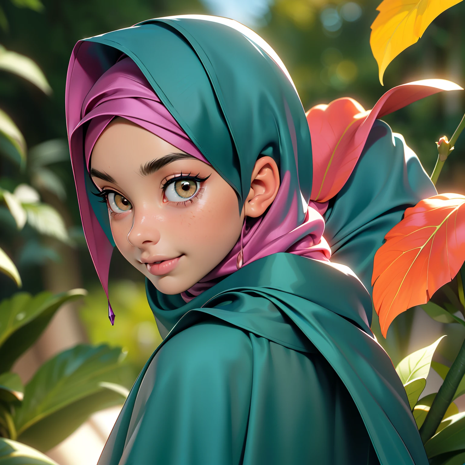 3dmm style, ((Masterpiece, best quality, photography, detailed skin, realistic, photo-realistic, 3D Character Design, pixar, real cartoon, High detail RAW colour art, diffused soft lighting, shallow depth of field, sharp focus, hyperrealism, cinematic lighting)), ((close up)) view, a Turkish lady, beautifully makeup, eyeshadow, Parted Lips, Detailed Eyes, ((Big brown eyes)), long eye lashes, dimples on the cheeks, smile, wearing ((Teal satin hijab)), loosely tide hijab style, ((gray satin shirt and satin long skirt)), (Half-body portrait), Front view, Symmetric Centre, facing the viewer, walking on trails, autumn garden.