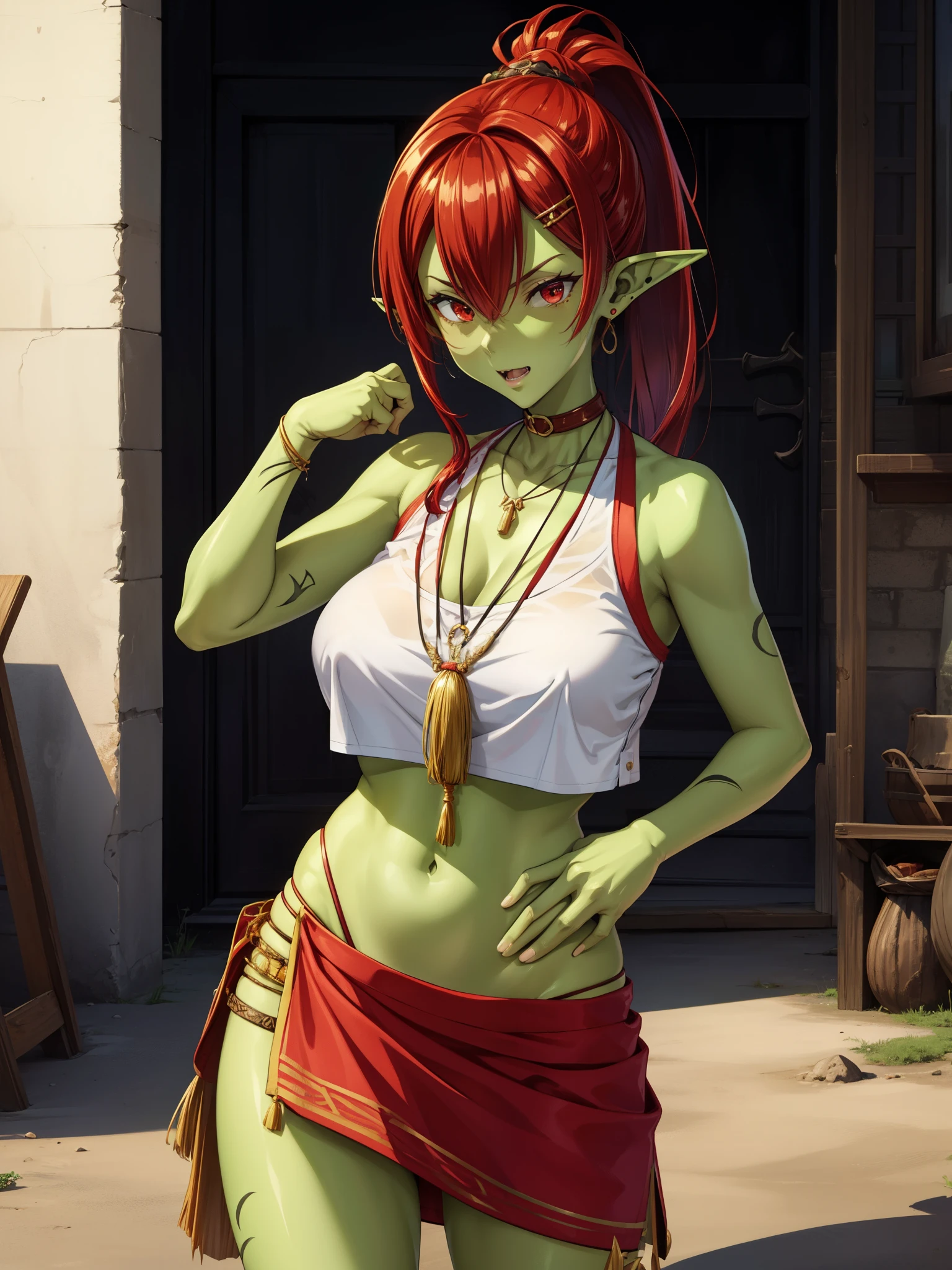 score_9, score_8_up, score_7_up, score_6_up, solo, 1girl, female goblin, green skin, pointy ears, earrings, red hair, bone hair ornament, high ponytail, tribal, fang, bone necklace, crop top, midriff, loincloth, sketch, hatching \(texture\), cowboy shot, 