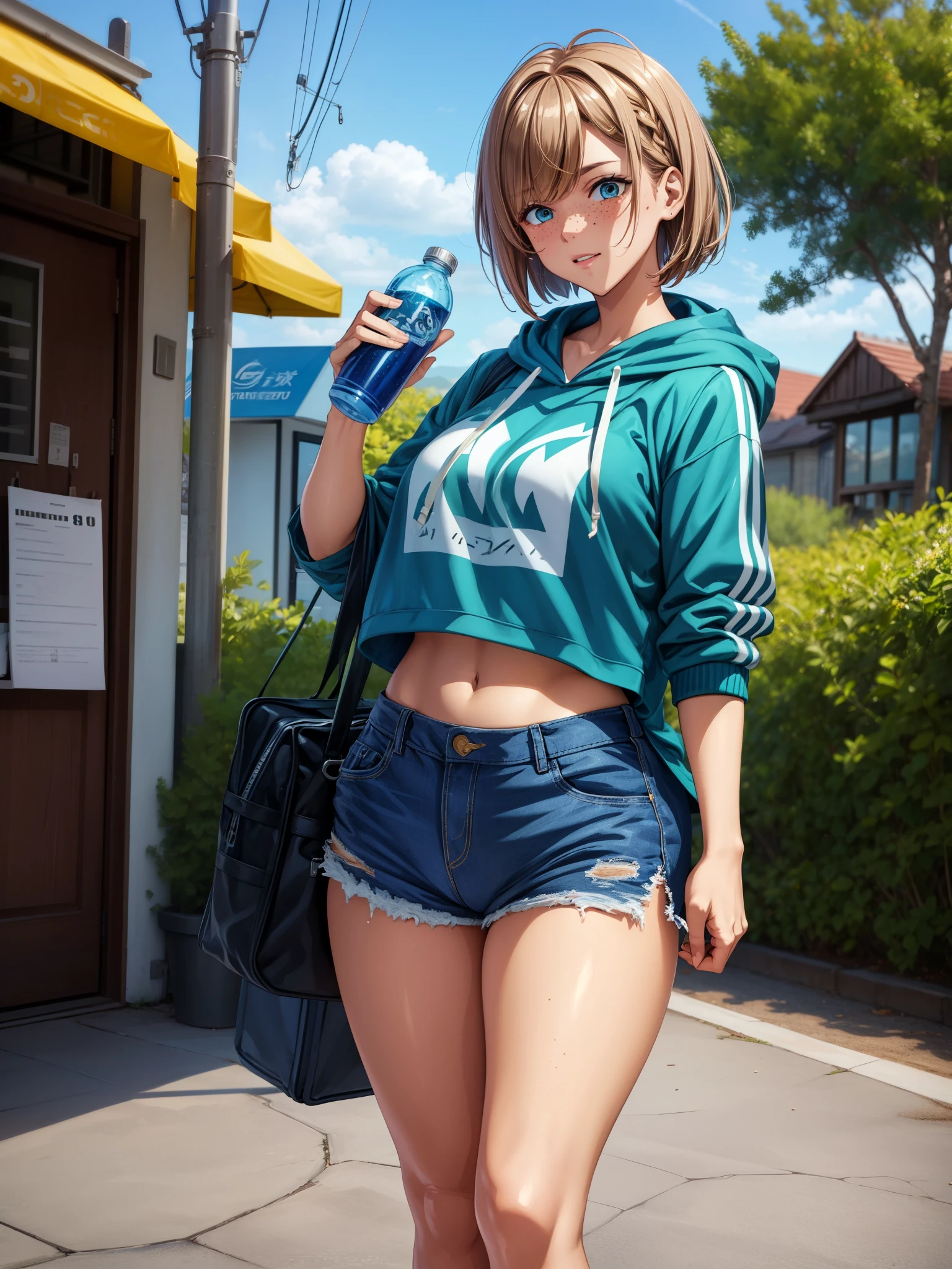 score_9, score_8_up, score_7_up, score_6_up BREAK solo,sneakers,outdoors,pixie cut,blonde hair,brown hair,streaked hair,swept bangs,freckles,teal eyes,toned,tan,hoodie,midriff,shorts,thick thighs,smug,water bottle