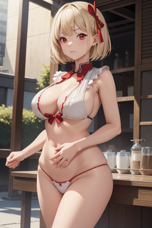chisatonishikigi, nishikigi chisato, short hair, bangs, Blonde, (Red eyes:1.5), hair ribbon, One side up, Bobcut, Uniform sake,,
break outdoors, city,
break looking at viewer, break (masterpiece:1.2), highest quality, High resolution, unity 8k wallpaper, (figure:0.8), (Beautiful fine details:1.6), Highly detailed face, Perfect lighting, Highly detailed CG, (Perfect hands, Perfect Anatomy),、Belly button、Thighs、Big Breasts
