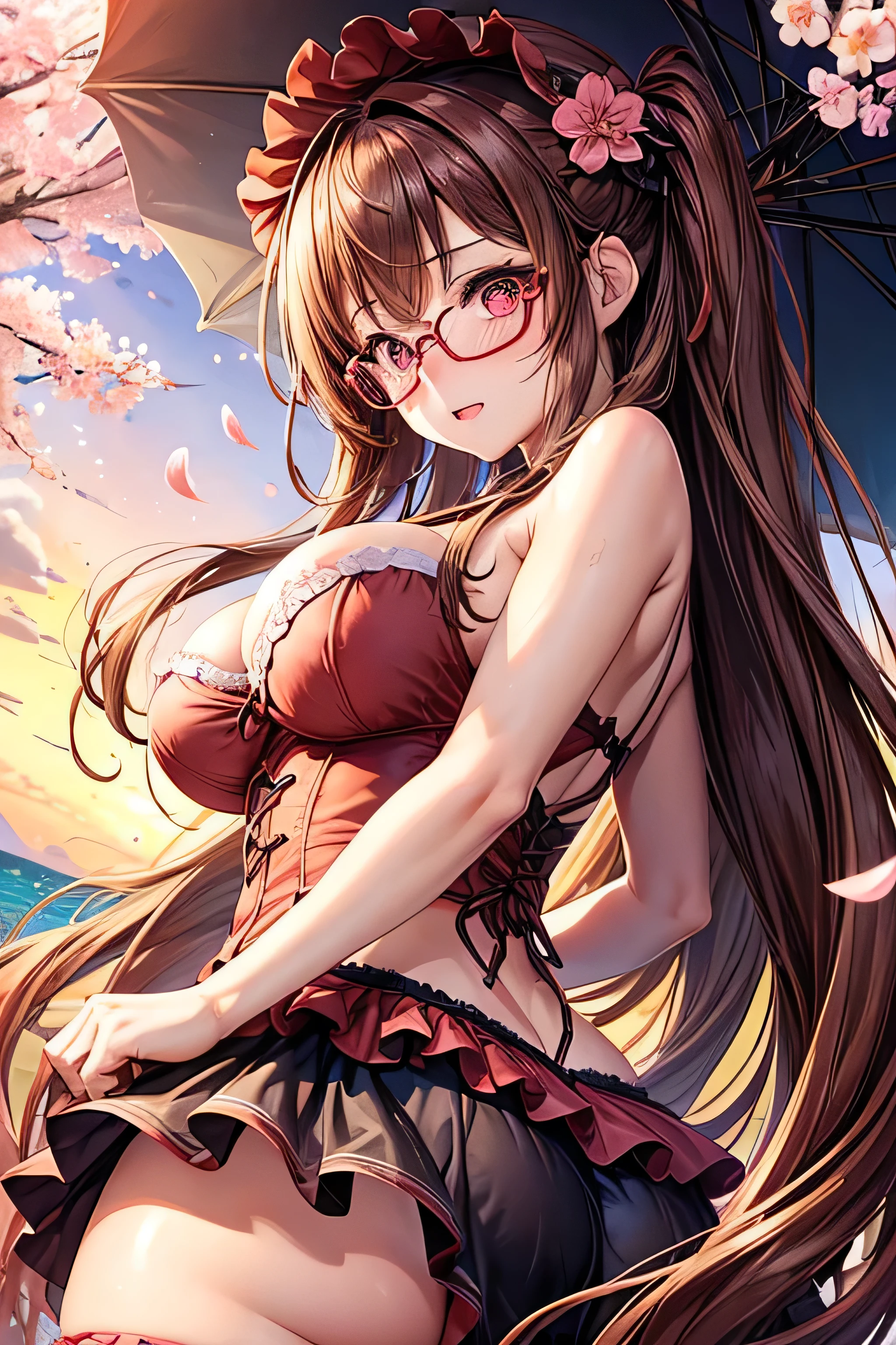 High resolution, high quality, 1 girl, Anime Girls, Brown long hair, Brown eyes, Pink Glasses,heart shaped pupils,Sunburned skin, Large Breasts,beautiful breasts,pointy breasts,(Big Ass),Embarrassed,red gothic ta,cherryblossom,(water),