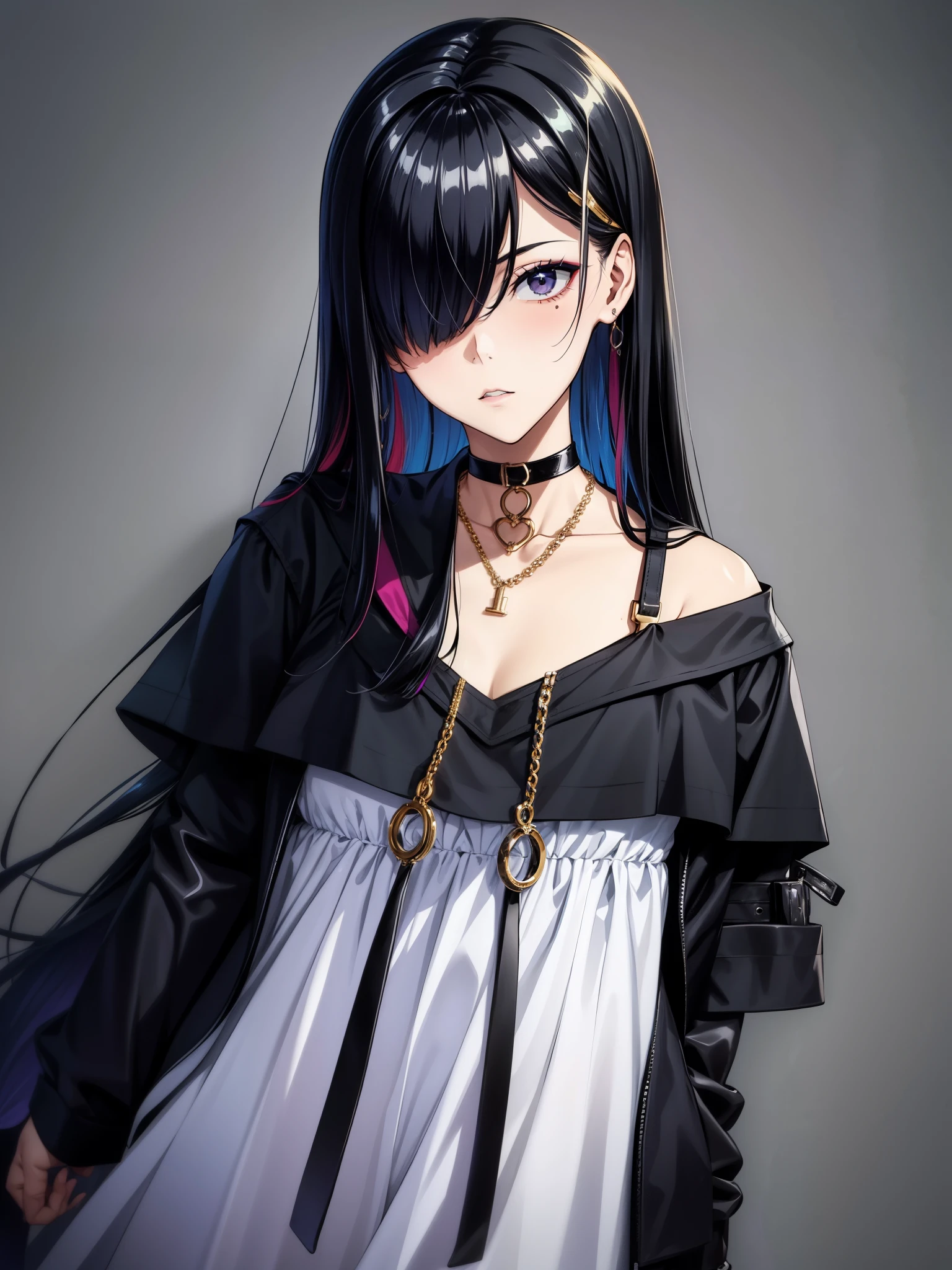 score_9, score_8_up, score_7_up, Goth girl, Goth girl 1girl 1girl,solo,long hair,looking at viewer,simple background,black hair, jewelry,white hair,multicolored hair,choker,black eyes,grey background,necklace,(hair over one eye),two-tone hair,cross,portrait,,  