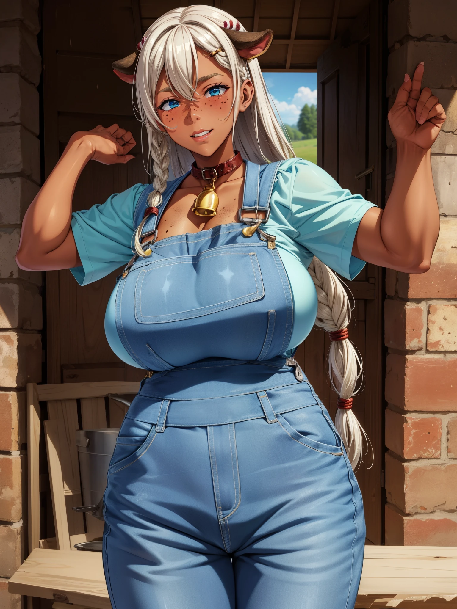 score_9, score_8_up, score_7_up, score_6_up BREAK solo,farm,barn,huge breasts,minotaur,dark-skinned female, platinum blonde hair,long hair,single braid,naked overalls,cowbell,freckles,body freckles,milk bottle,fence,arm support,slight smile,aqua eyes,toned,cow tail