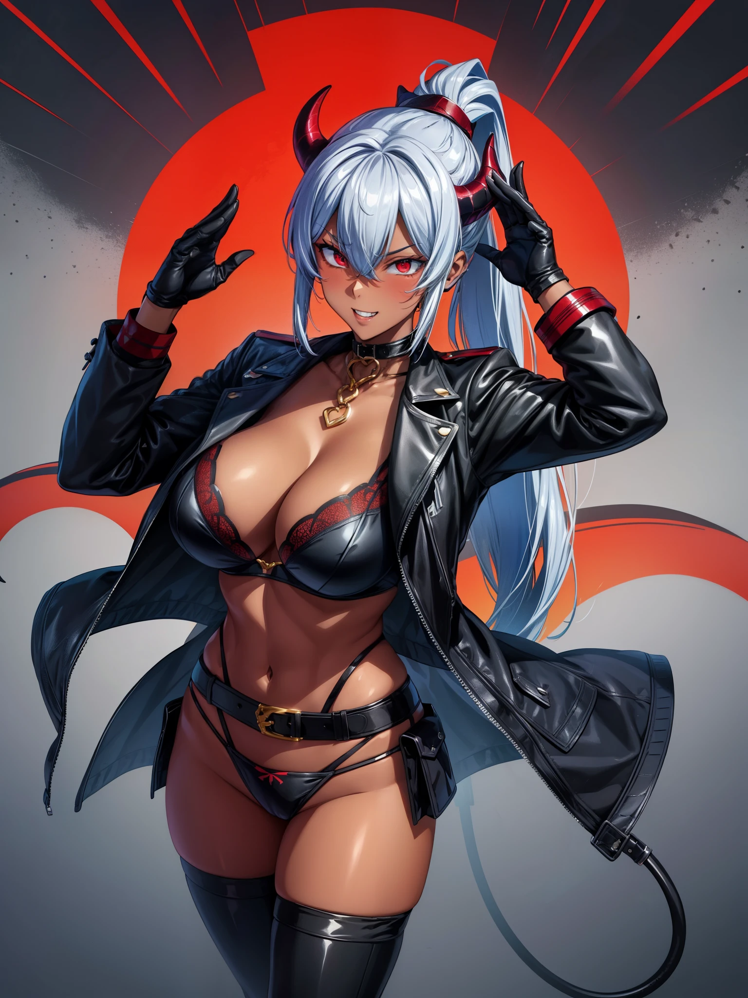 score_9, score_8_up, score_7_up, score_6_up BREAK from above,abstract background,solo,htjudgement, dark skin, ponytail, black horns, demon horns, demon tail,open clothes, black jacket, cropped jacket, open jacket, red armband, underwear, black bra, clawed gauntlets, black panties, black thighhighs, belt, cleavage,evil grin,aura, pose, white eyes. glowing eyes, palms up 